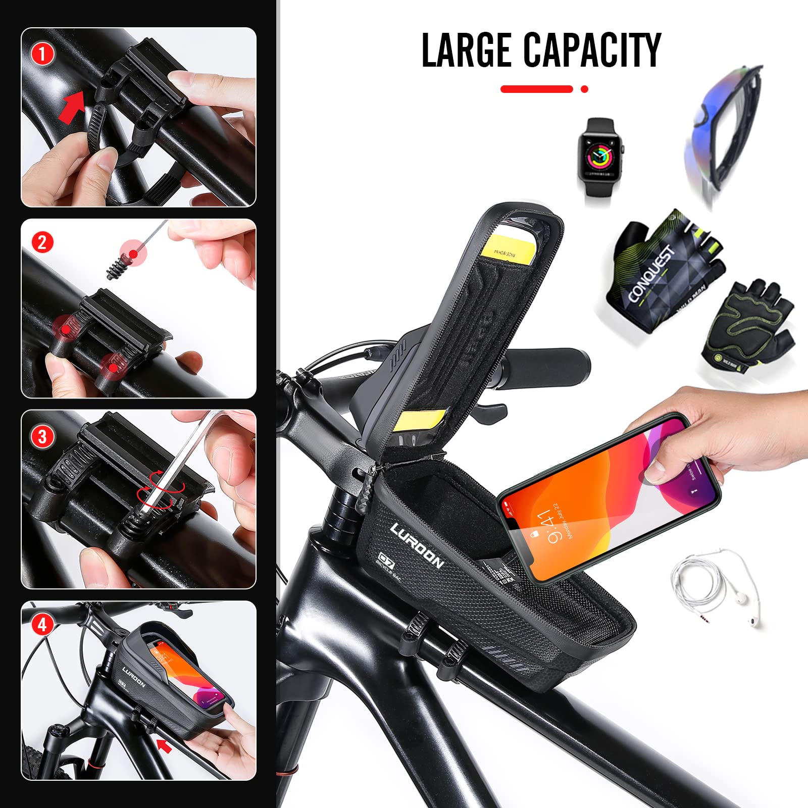 LUROON Borsa Telaio Bici Impermeabile MTB Borse Bicicletta Telaio Anteriore Borsa Top Tubo con Schermo Tattile Face ID Visiera Parasole Porta Telefono Borsa Grande Capacità per Telefoni sotto 6,9"