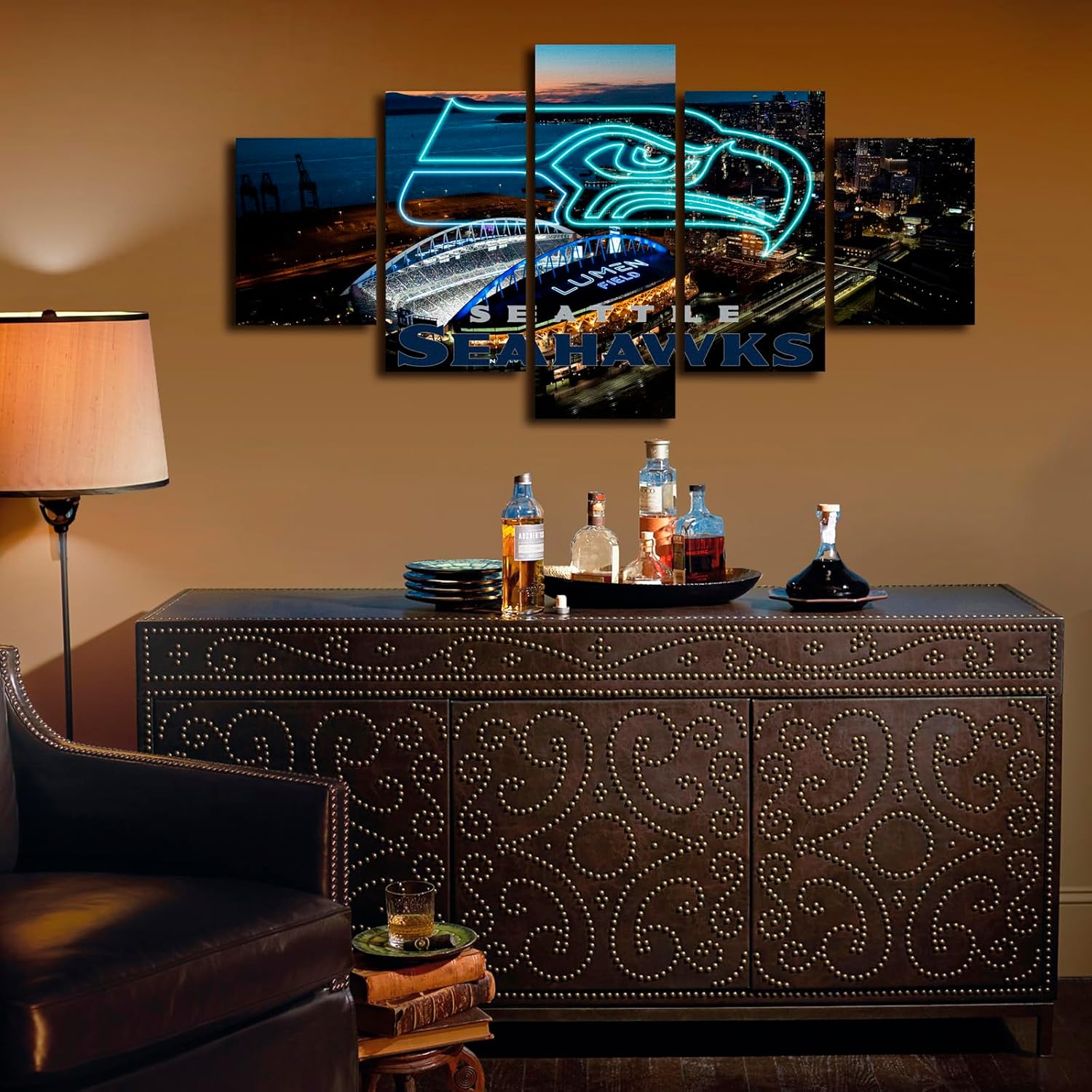 generic (60X100CM/5PCS) Framed Canvas Print Original Poster - Seattle Lumen Field With Seahawks Neon Sign - American football Wall Art for Home and Office Decor - Image 3