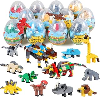 12 Pcs Pre Filled Easter Eggs with Jungle Animals Dinosaurs Building Blocks, 3.25" Eggs for Easter Basket Stuffers, Easter Party Favors, Easter Egg Hunt, Classroom Events, Science STEM Gift