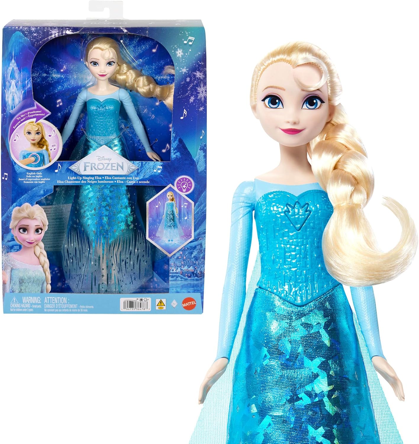 Filmdeki "Let It Go" şarkısını söyleyen, eklemleri bükülebilen ve ışıltılı özel kıyafet ile çıkarılabilir ayakkabı giyen Mattel Disney Karlar Ülkesi Şarkı Söyleyen Elsa Bebek, JLJ07