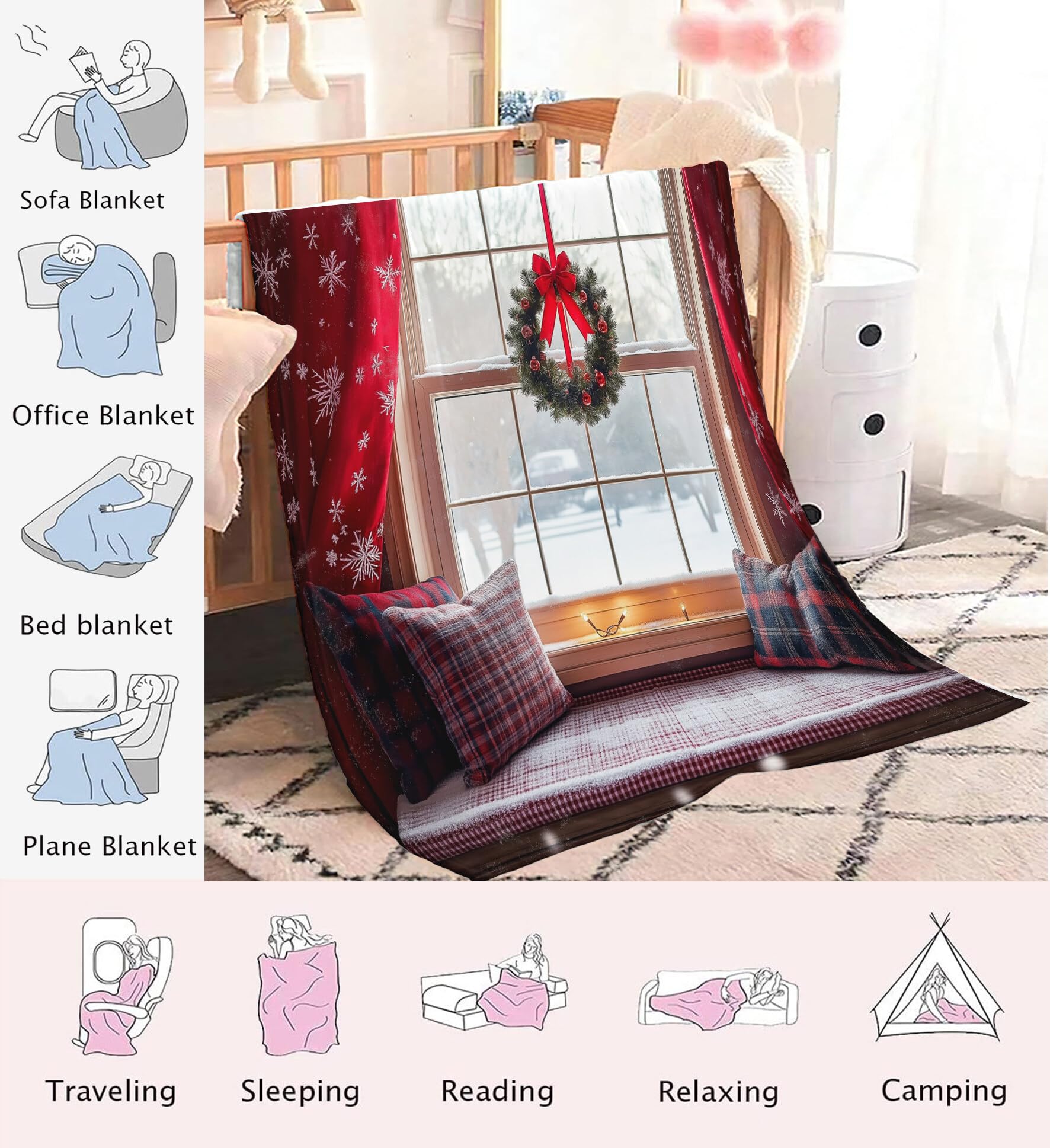 Manta De Navidad Rojo Blanco Habitación Garland 220X240Cm Suave Cálida Y Peluda Decoración Navideña,Acogedora Paisaje Navideño Adolescentes De Adultos para TV Sofá En Vacaciones