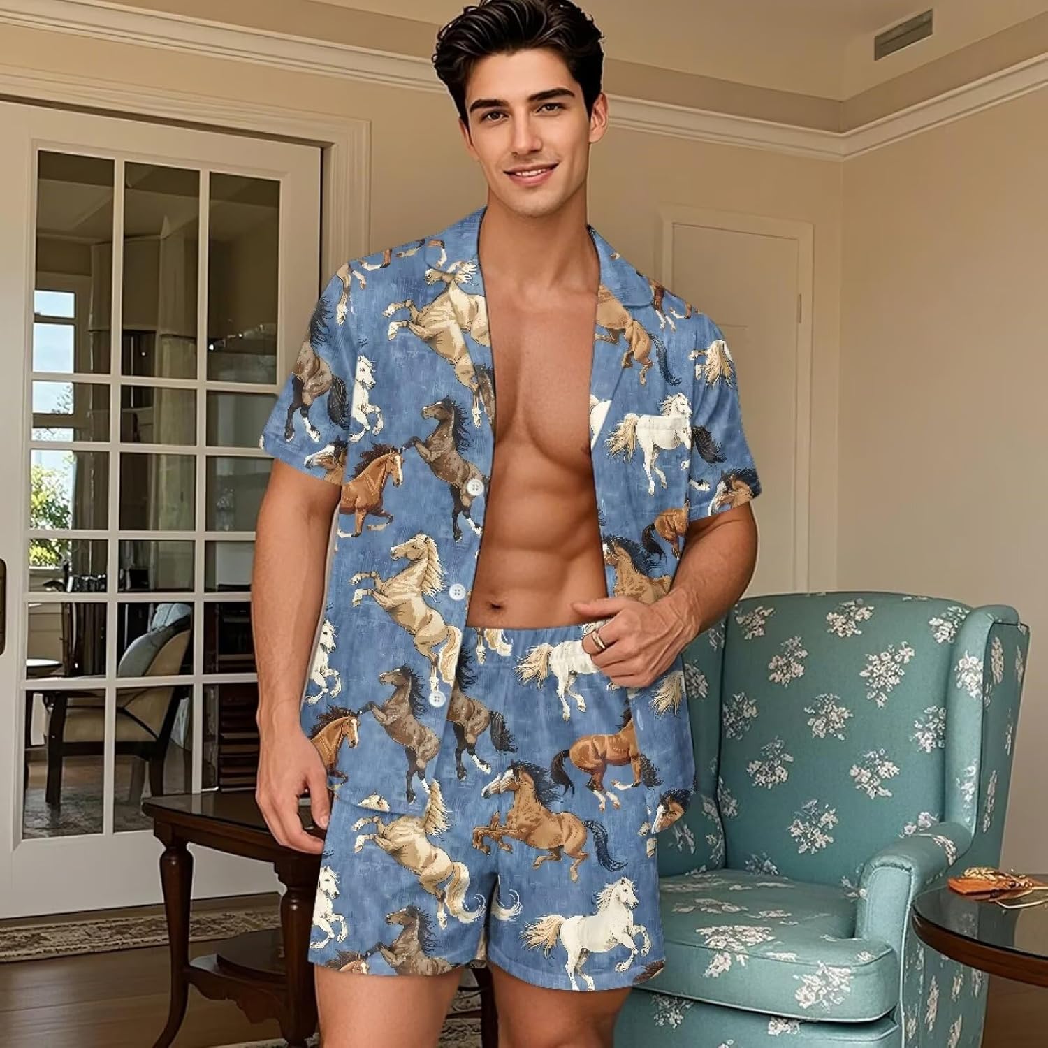 Summer Pajama Set for Men Button Down Shirt with Shorts Set Lounge Wear Sleepwear for Bedroom Home XS-5XL