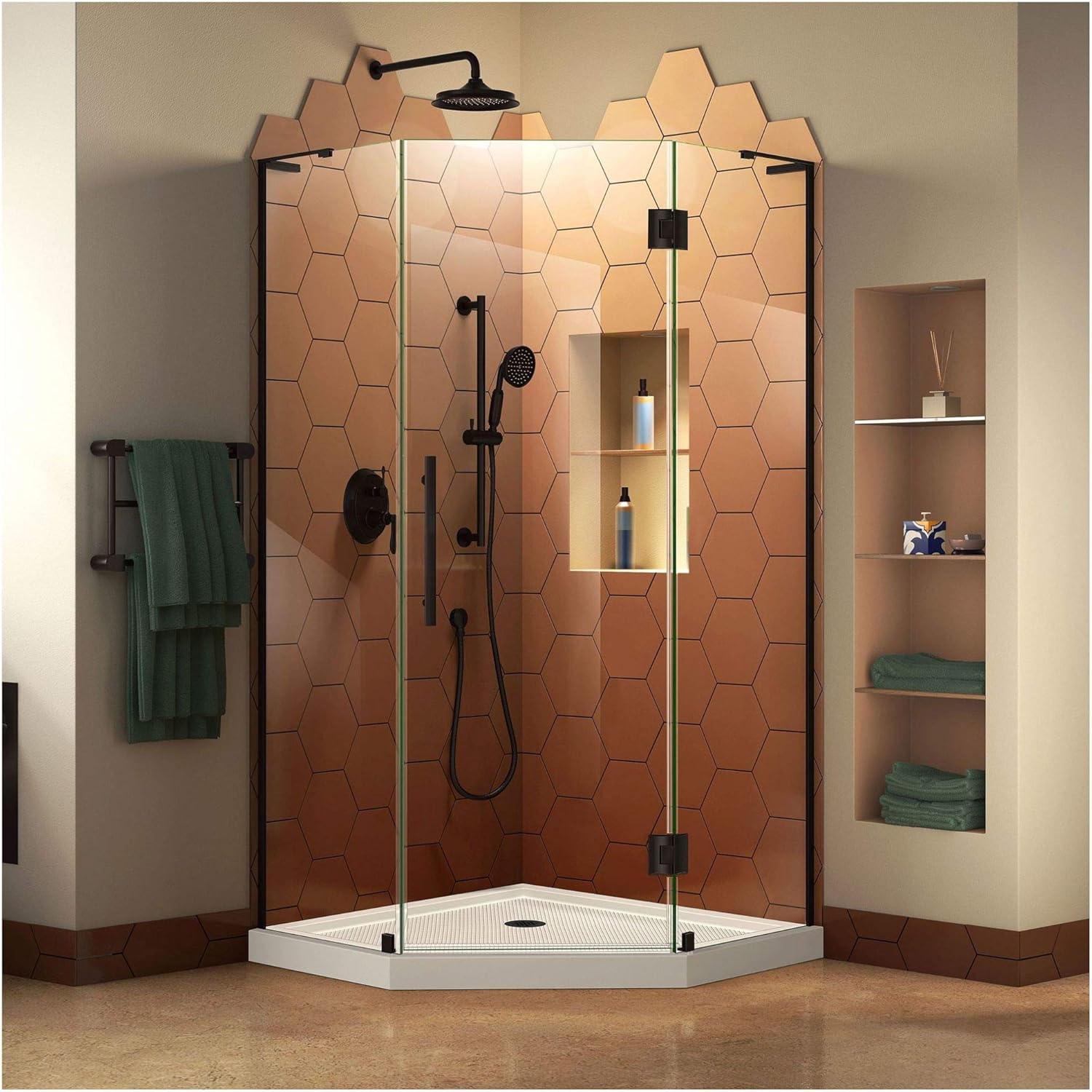 DreamLine Prism Plus 42 inch D x 42 inch W x 74 3/4 inch H Frameless Neo-Angle Hinged Shower Enclosure in Matte Black with White Shower Base Kit