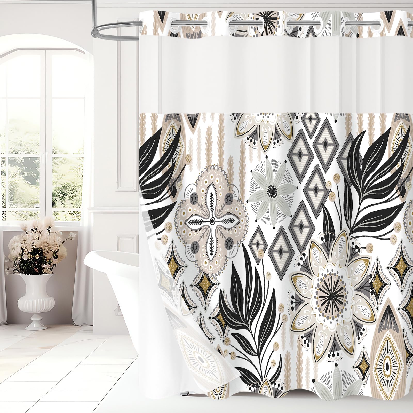 MitoVilla No Hooks Needed Boho Floral Shower Curtain Set with Snap-in Liner, Modern Abstract Flower Fabric Cloth Shower Curtain for Rustic Vintage Hotel Spa Bathroom Decor, 72 x 74