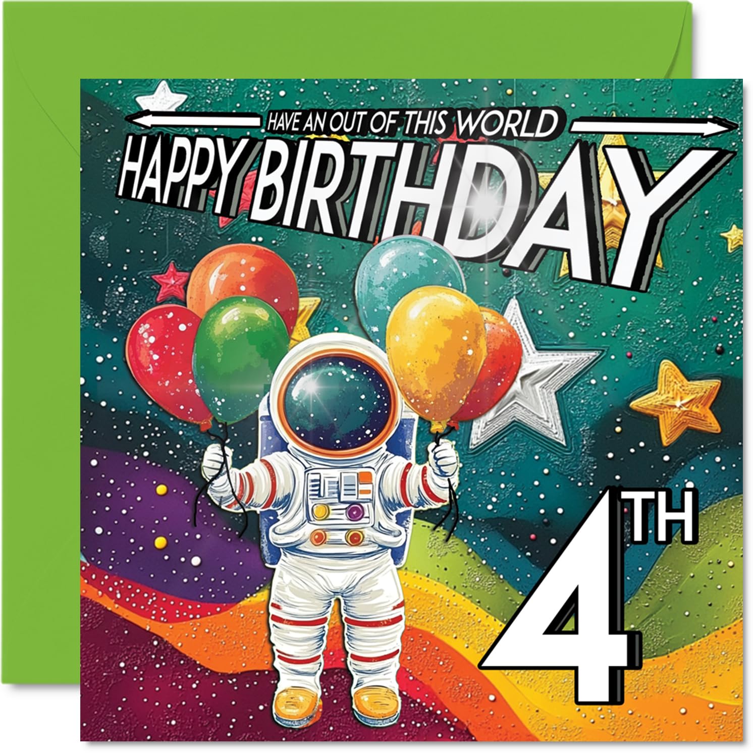 4th Birthday Card Boy - Astronaut Spacesuit - Outer Space Birthday Card for 4 Year Old Girl, Age 4 Boys Girls Cards, 145mm Bday Greeting