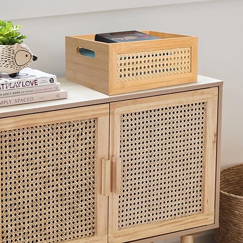 Miniatura 6 de Cesta de almacenamiento grande de ratán hecha a mano de bambú natural con marco de madera y asas, caja decorativa de mimbre para decoración rústica