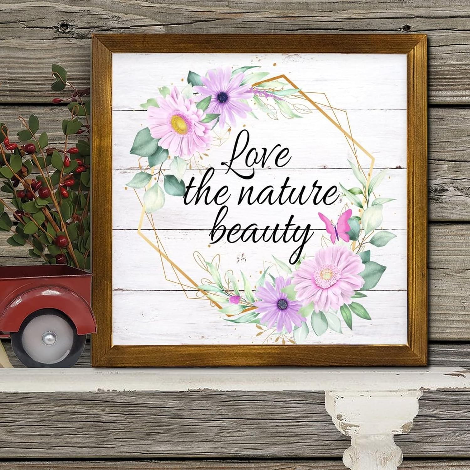 Love The Nature Beauty Framed Wooden Signs Spring Pink Flower Wreath Hanging Sign Classic Blossom Floral Wall Art Hanging Farmhouse Decoration Plaque for Bedroom Living Room Outdoor Home 12x12 inch