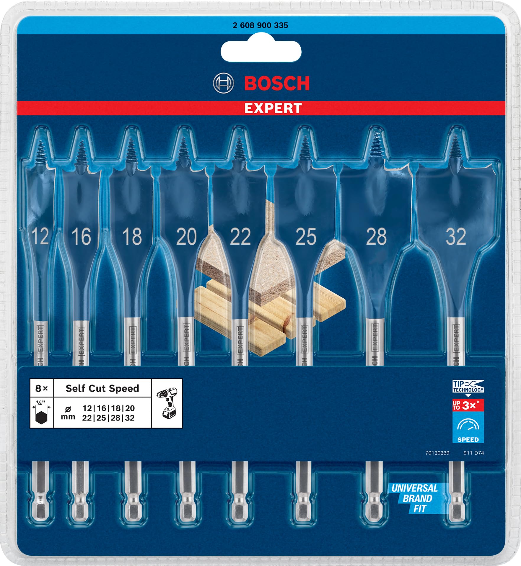 Bosch Professional 8 x Set de brocas fresadoras planas Expert SelfCut Speed, para Madera blanda, Aglomerado, 12-32 mm, Accesorios Taladro de impacto rotativo