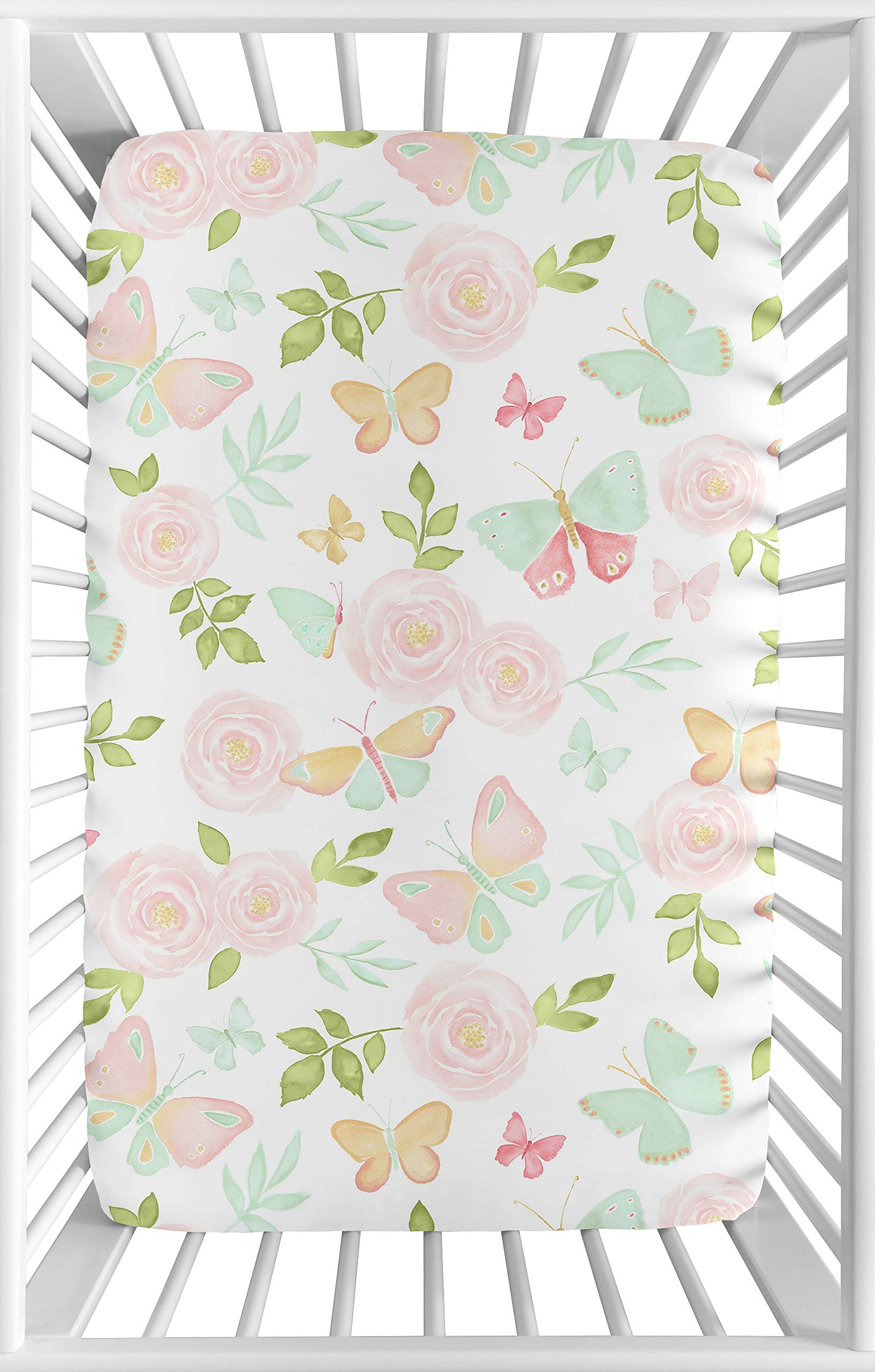 Sweet Jojo Designs Blush Pink, Mint and White Watercolor Rose Baby Girl Fitted Mini Portable Crib Sheet for Butterfly Floral Collection - for Mini