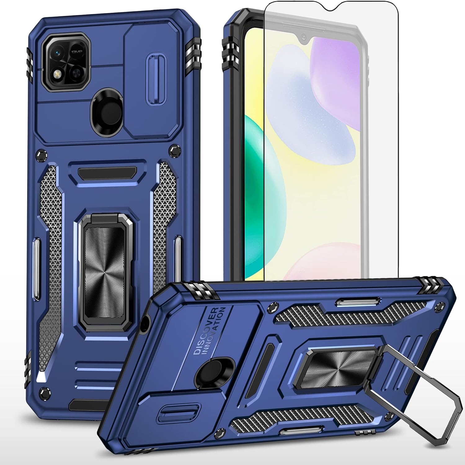 Asuwish Phone Case for Xiaomi Redmi 9C with Tempered Glass Screen Protector and Slide Camera Cover Magnetic Ring Holder Kickstand Cell Accessories Slim Hybrid Redmi9C NFC Redme C9 Women Men Navy Blue
