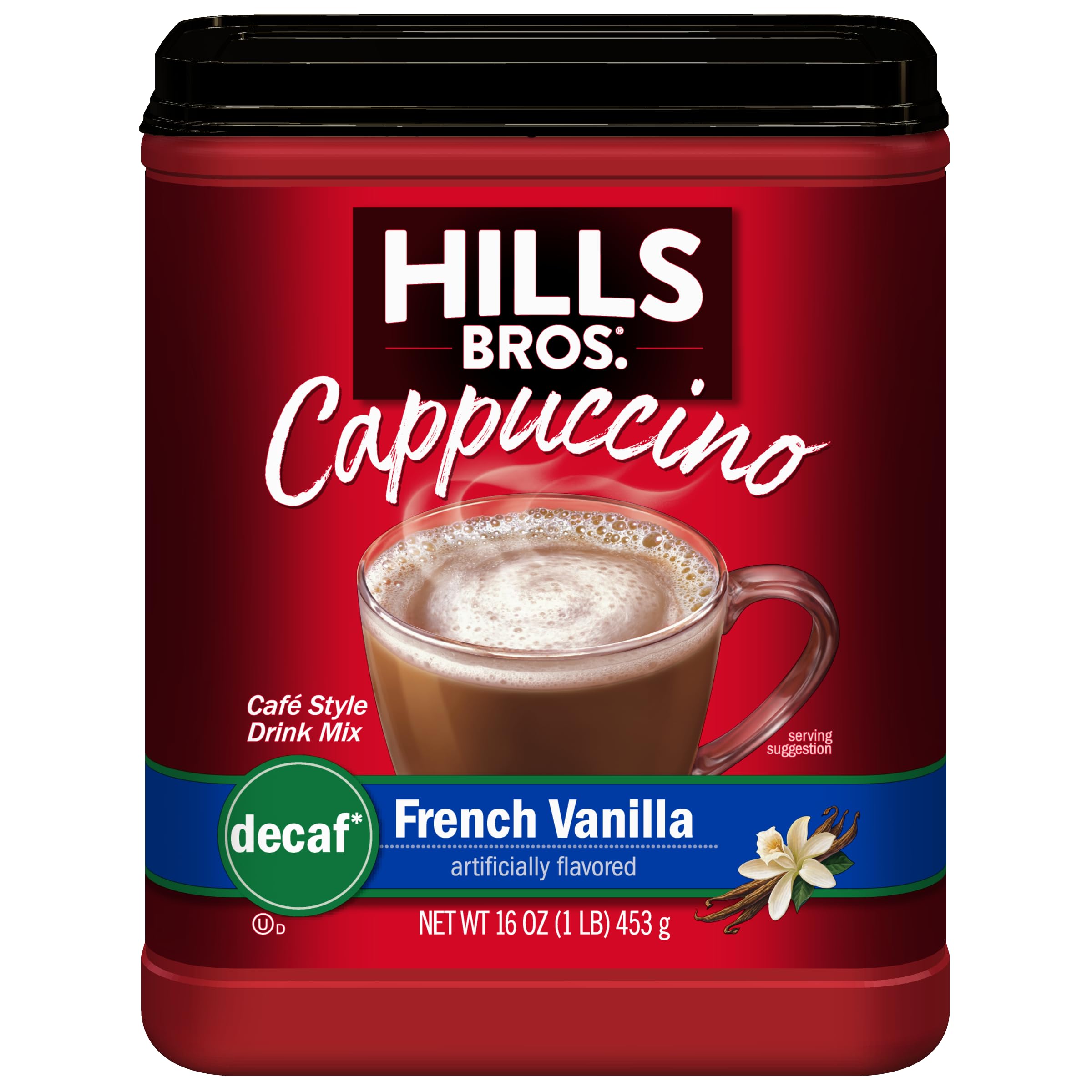 Hills Bros Decaf French Vanilla Cappuccino Mix, Easy to Use, Enjoy Coffeehouse Flavor at Home-Decadent with Sweet Notes and No Caffeine, 16 Ounce (Pack of 1)