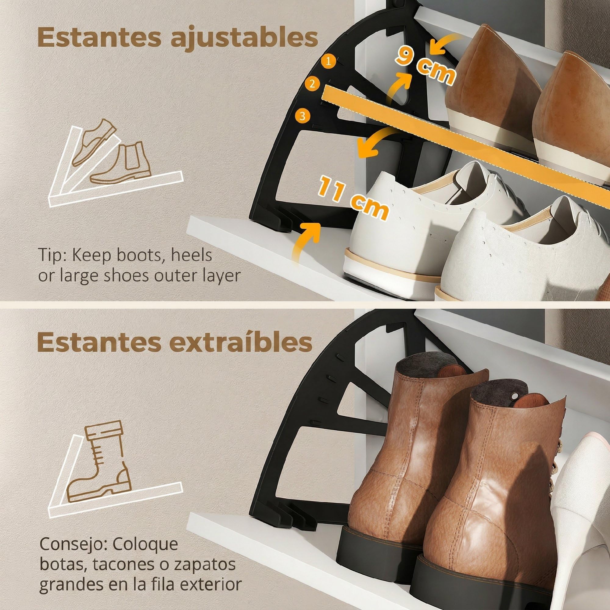 HOMCOM Zapatero Estrecho con 2 Cajones Abatibles 110x25x110,6 cm Blanco | Mueble Zapatero Moderno con Armario y Estantes Ajustables, 10-14 Pares de Zapatos, para Pasillo, Entrada, Recibidor