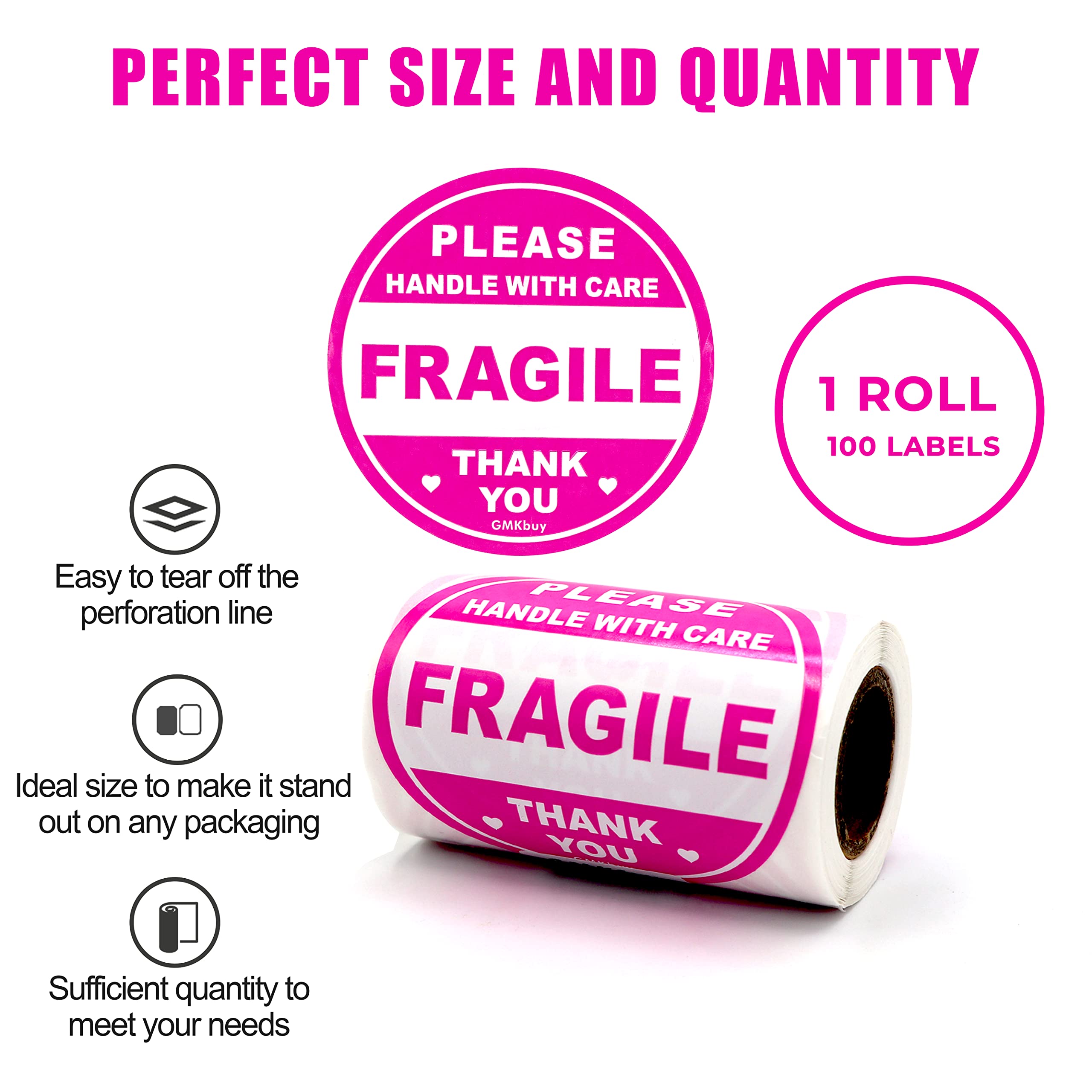 Rollo de 100 calcomanías redondas frágiles rosas de 3 x 3 pulgadas, fáciles de romper, etiquetas de advertencia adhesivas permanentes para caja de envío, cartón, paquetes, palés y más