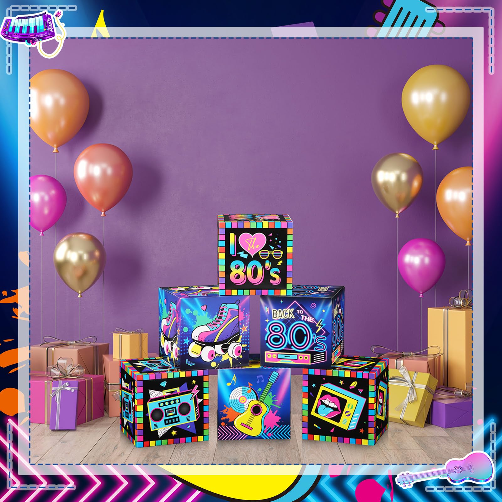 Kolldenn 6 cajas grandes de decoración de fiesta de los años 80, caja de cartón temática de los años 80 de 12 pulgadas, telón de fondo, decoración de fiesta de los 80, cajas de accesorios para