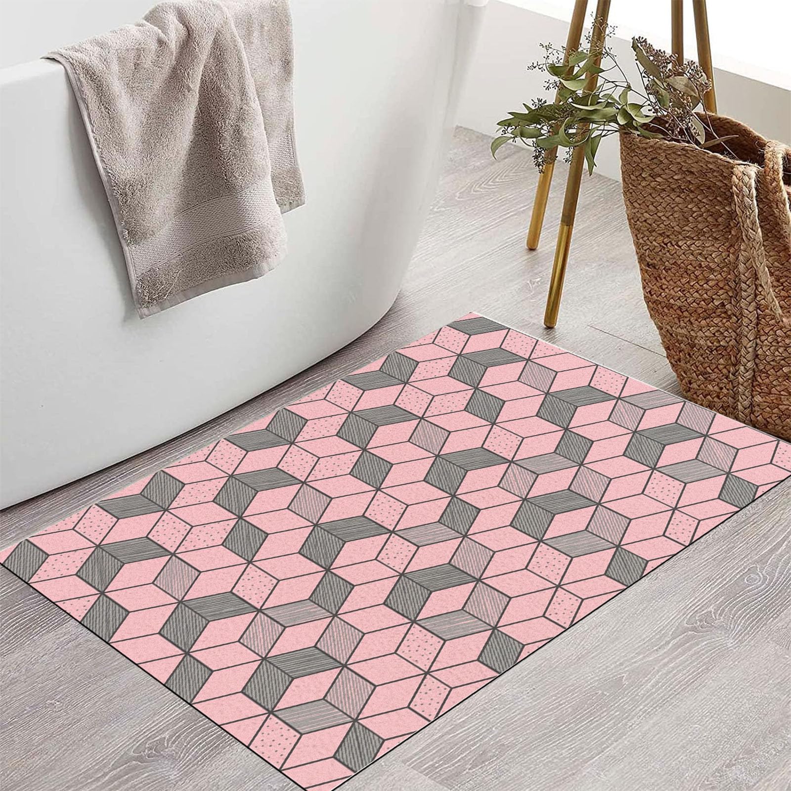 Zerbino 90X150Cm Per Interni Ed Esterni, Texture Di Cubi Moderni, Tappetino Lavabile In Lavatrice, Zerbini Resistente Morbido Antiscivolo, Geometria Della Moda, Tappeto Ingresso, Rosa