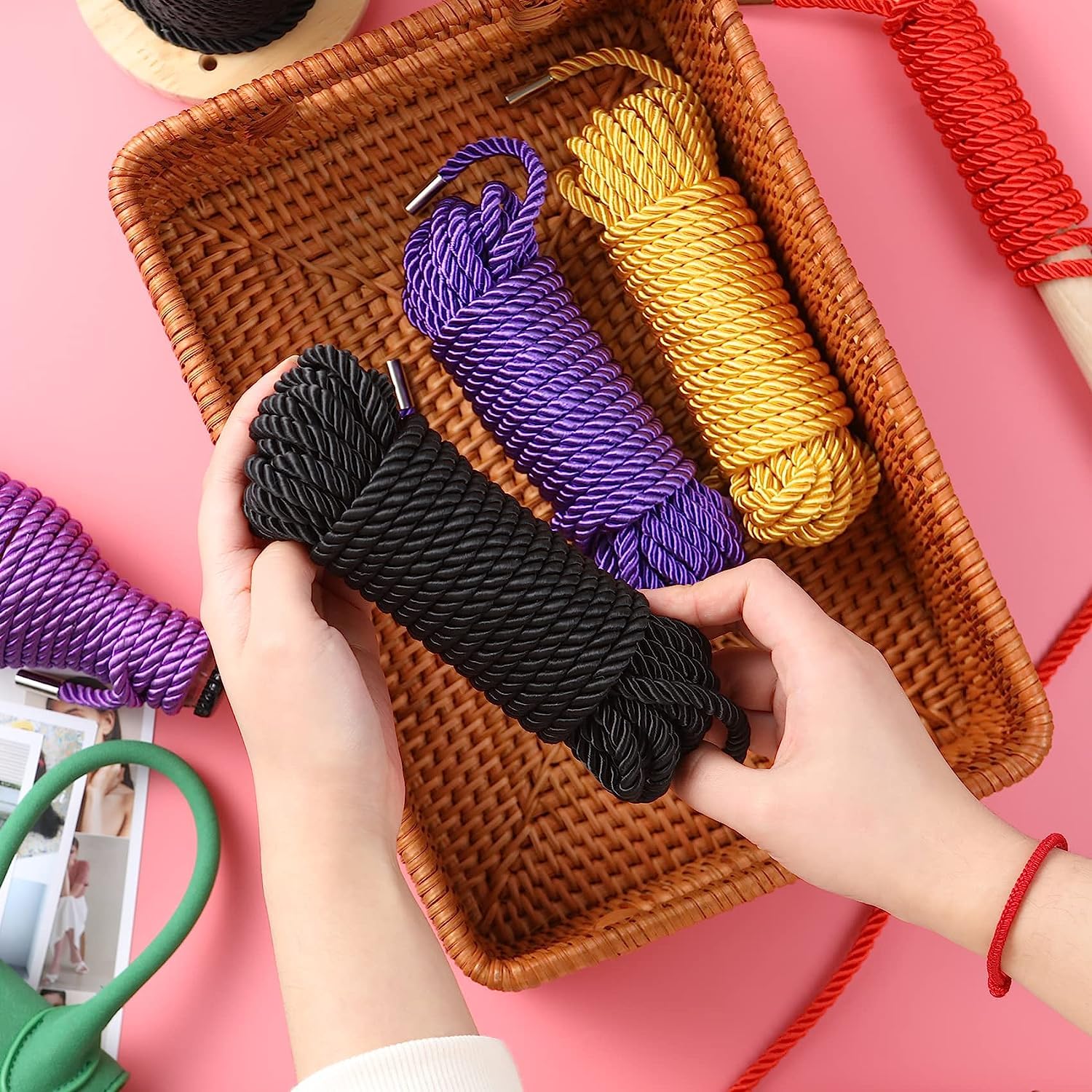 Sfcaris Silk Soft Rope, Skin Friendly Soft Nylon Silky Black Red Rope, Durable Multipurpose Color Braided Satin Twisted Cord 32 Feet 8 mm (Red, Black)