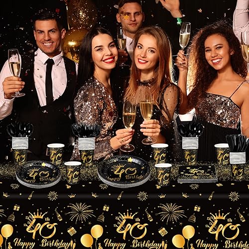 Vista 7 de TaoBary Juego de vajilla desechable de 170 piezas para fiesta de 40 cumpleaños con platos, servilletas, vasos, pancarta, mantel de cumpleaños 40