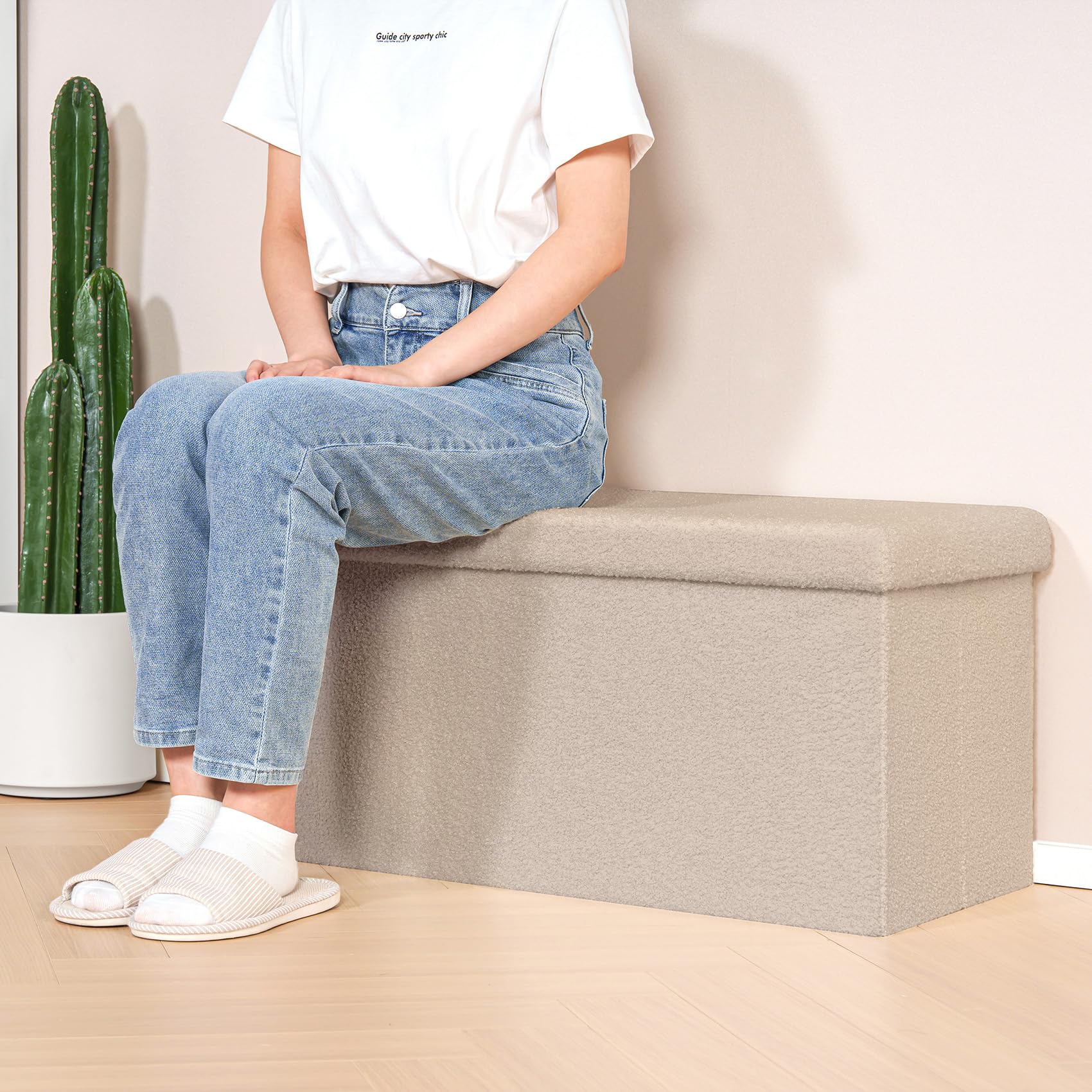 Bonlife Faltbarer Sitzhocker mit Stauraum, Faltbare Sitzbank, Webpelz Fußbank Truhen Aufbewahrungsbox, Fleece, Beige,80x40x40cm