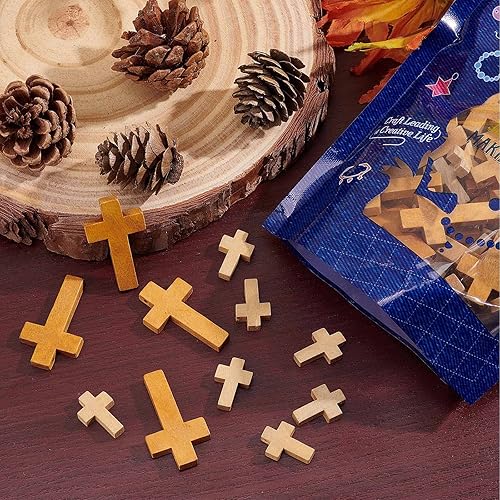 Miniatura 7 de SUNNYCLUE 200 dijes de cruz de madera de 0.85 x 0.55 pulgadas, mini dijes de cruz pequeños de madera natural a granel para recuerdos de fiesta,