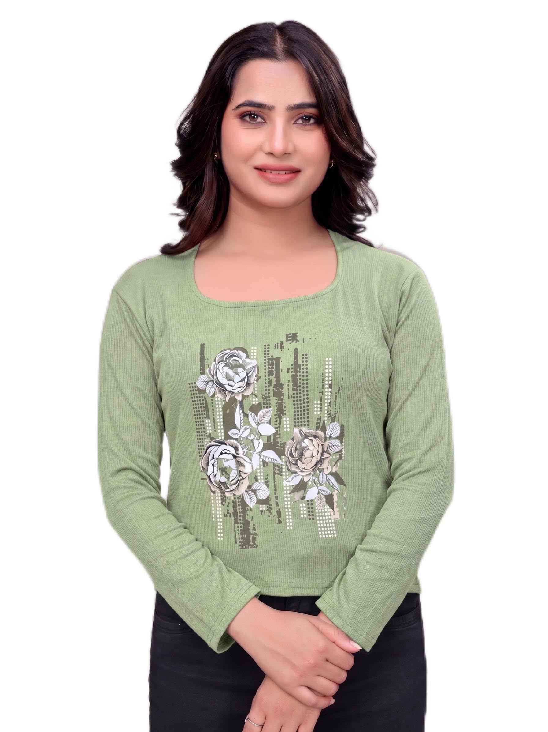 Women's Ribbed Floral Graphic Long Sleeve Square Neck T-Shirt-image-0