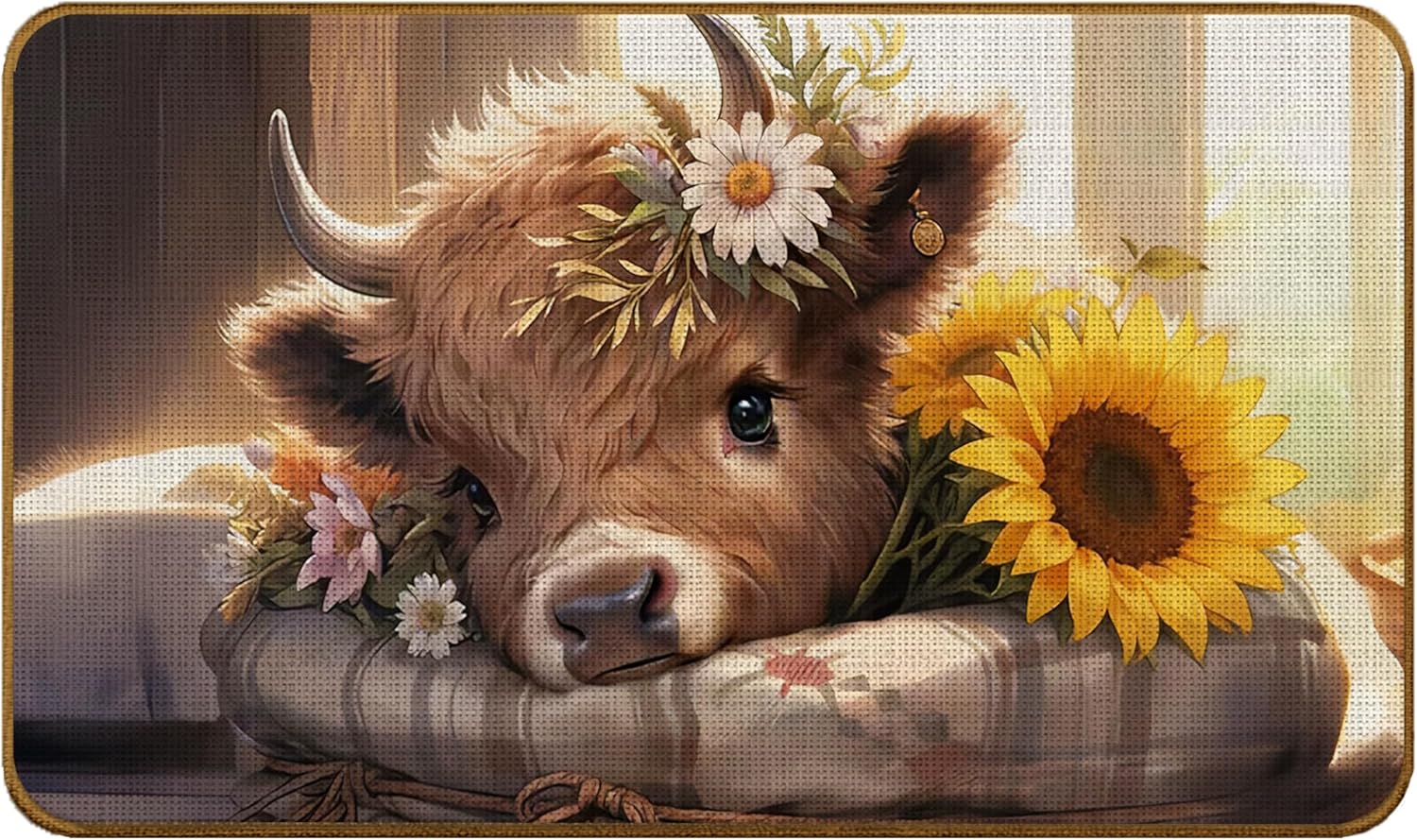 Highland Cow Doormat, Rustic Daisy Sunflower Highland Cow Non-Slip Door Mat Outdoor Indoor Entrance, Farmhouse Heifer Welcome Mat for Front Door Porch Entryway, 17x30 Inch