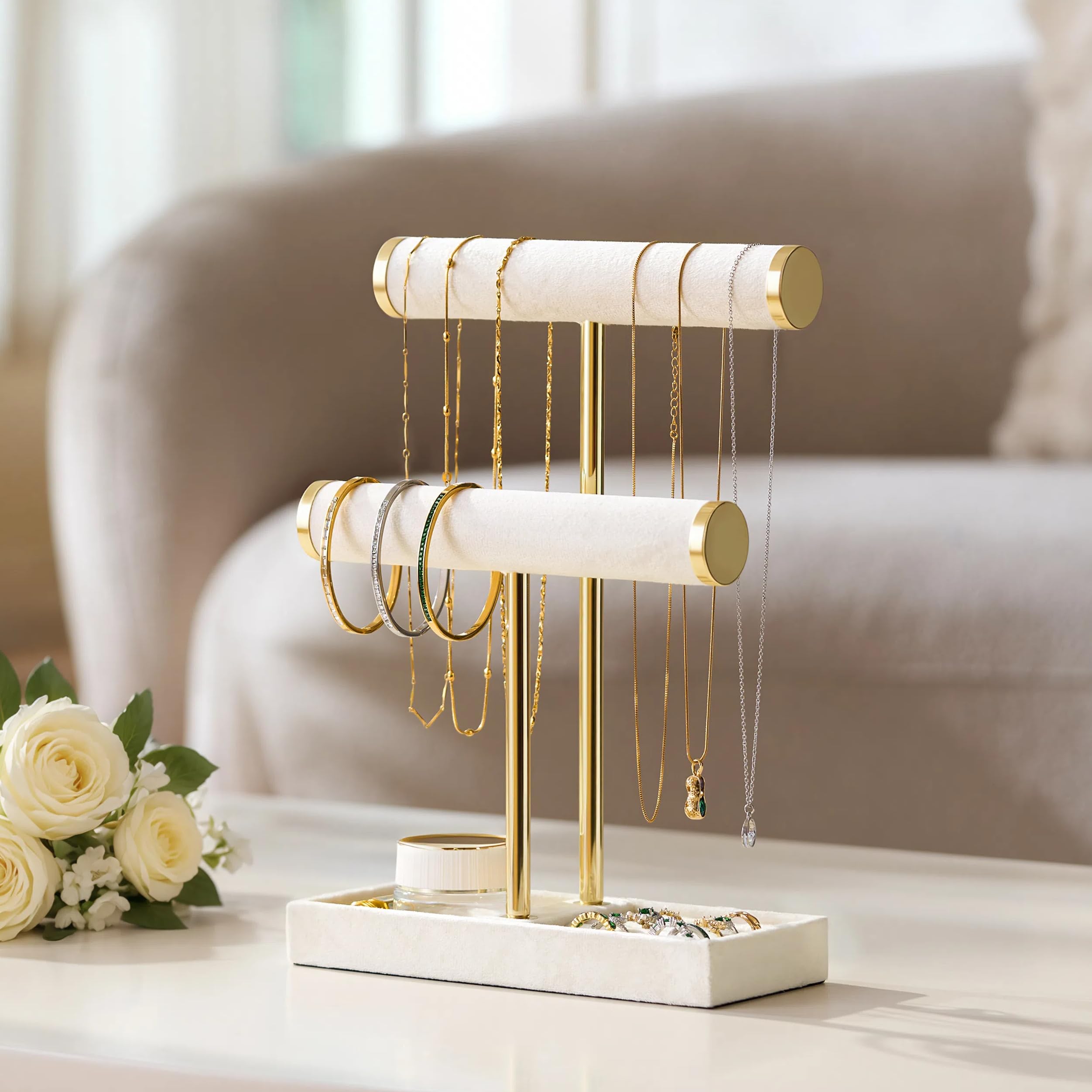 2 Tier Bracelet Holder Display - Detachable T Bar Beige Velvet Bracelet Holder, Jewelry Holder Organizer for Bracelet, Necklace, Earrings, Rings