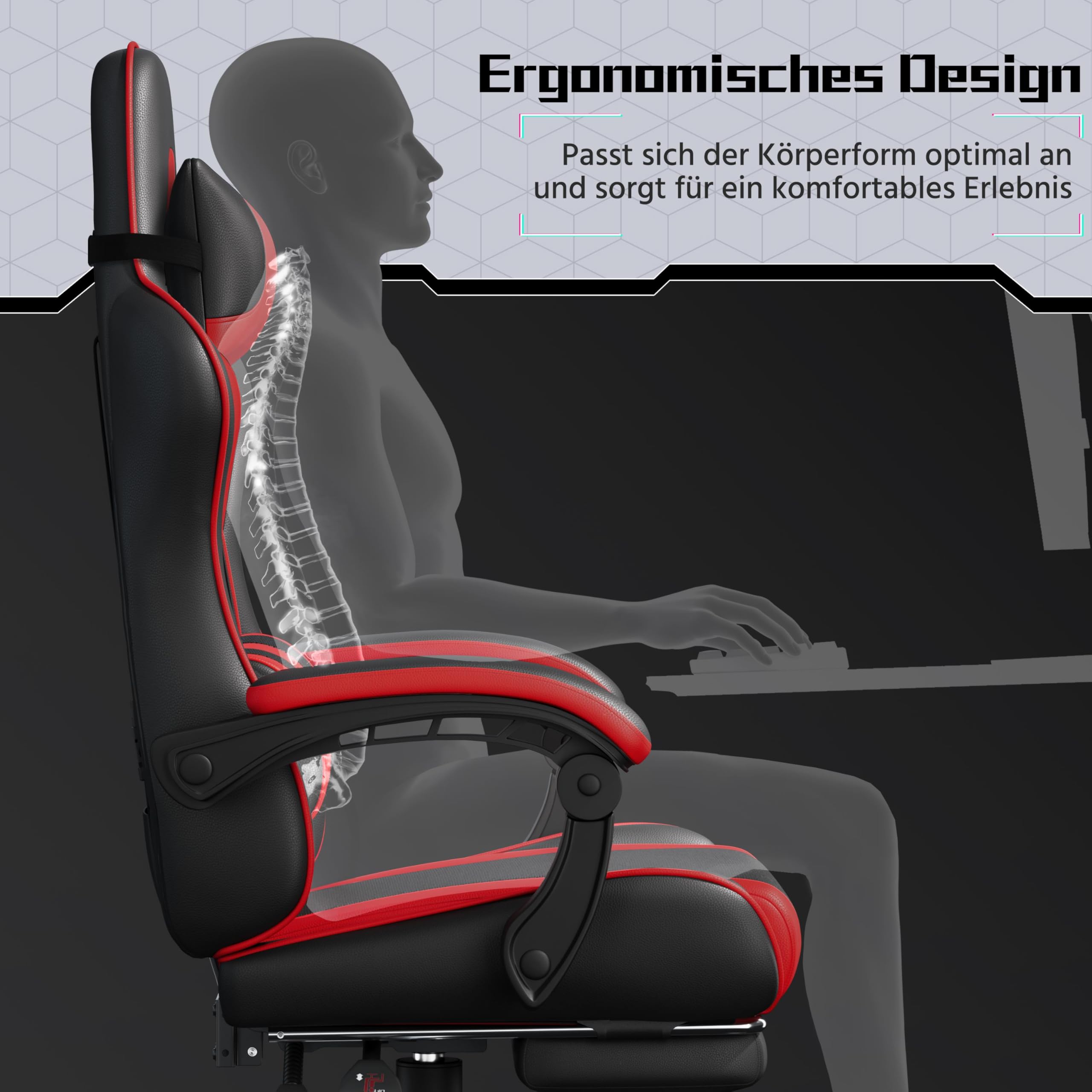 Yaheetech Gaming Stuhl Ergonomischer Gaming Sessel mit Massagefunktion Computerstuhl mit Fußstütze Bürostuhl 90-135° Rückenlehne verstellbar Gamer Stuhl für für Homeoffice und Gaming Rot – Bild 9