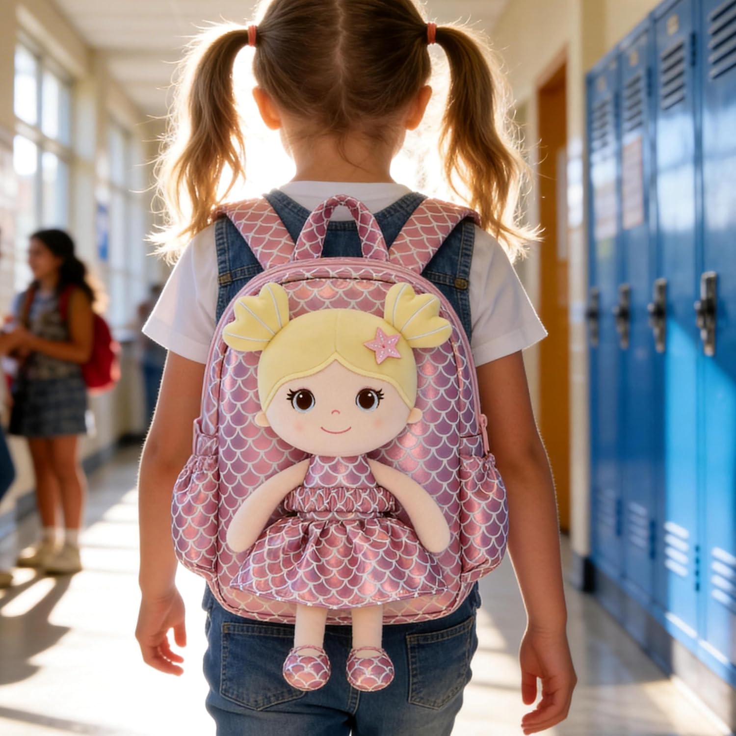 Lazada Toddler Backpack - Baby Girl Gifts Plush Doll Dress Backpack - Fashion Girls Tina Fish Scale Series - Pink11 Inches