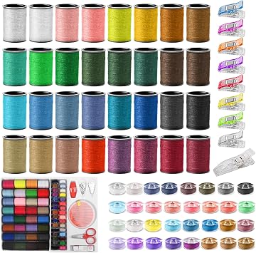 Annsywit 64 Rolls Sewing Threads with 10 Clips Bobbins for Quilting, Stitching and Embroidery Machine