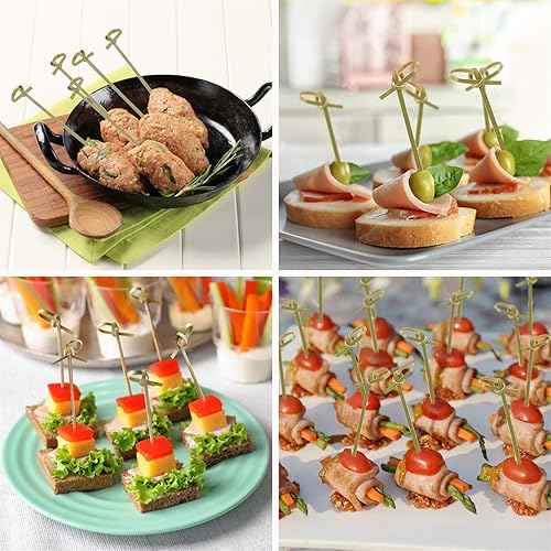 Miniatura 4 de Minisland 200 palillos de dientes de bambú prémium para cóctel, 4.7 y 6 pulgadas de largo, brochetas anudadas para bocadillos de frutas, aperitivos,