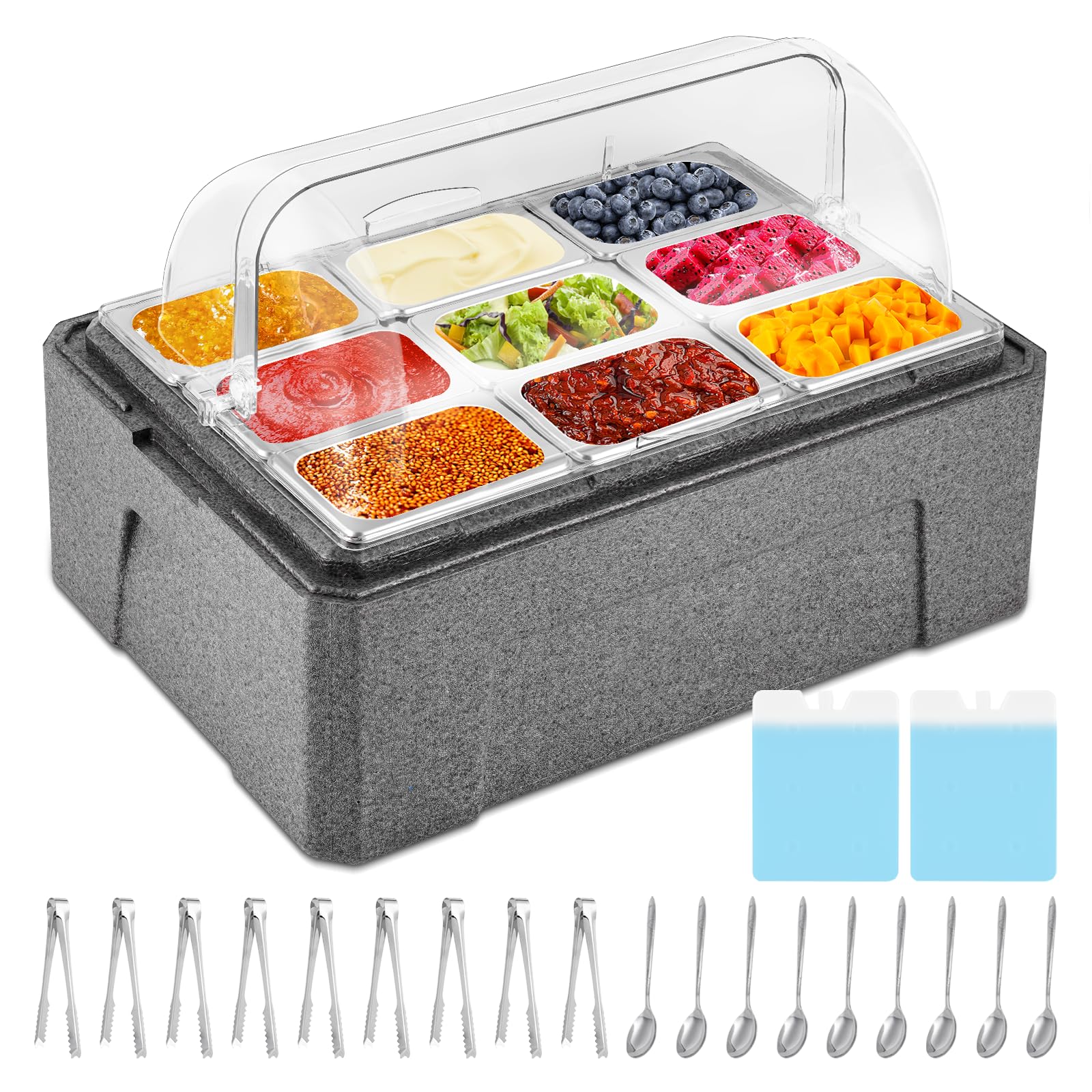 Nuyhadds Cool Sauce Station - Iced Dip Server, Topping Organizer | Sauce Tray With Cover, Ice-Cooled Server Container, Transparent Condiment Holder