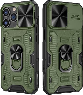 VEGO for iPhone 14 Pro Max Case with Slide Camera Cover &Ring Stand,Green | Built in 360 Rotate Kickstand [Fit for Magnetic Car Mount Cover] for iPhone 14 Pro Max 6.7" 2022