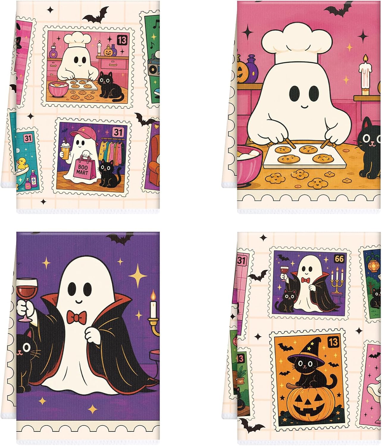 InIsaJace Funny Ghost Kitchen Towels, Cute Halloween Hand Towels Set of 4, Funny Black Cat Tea Dish Towel for Bathroom Home Decor (16 X 24 Inches)