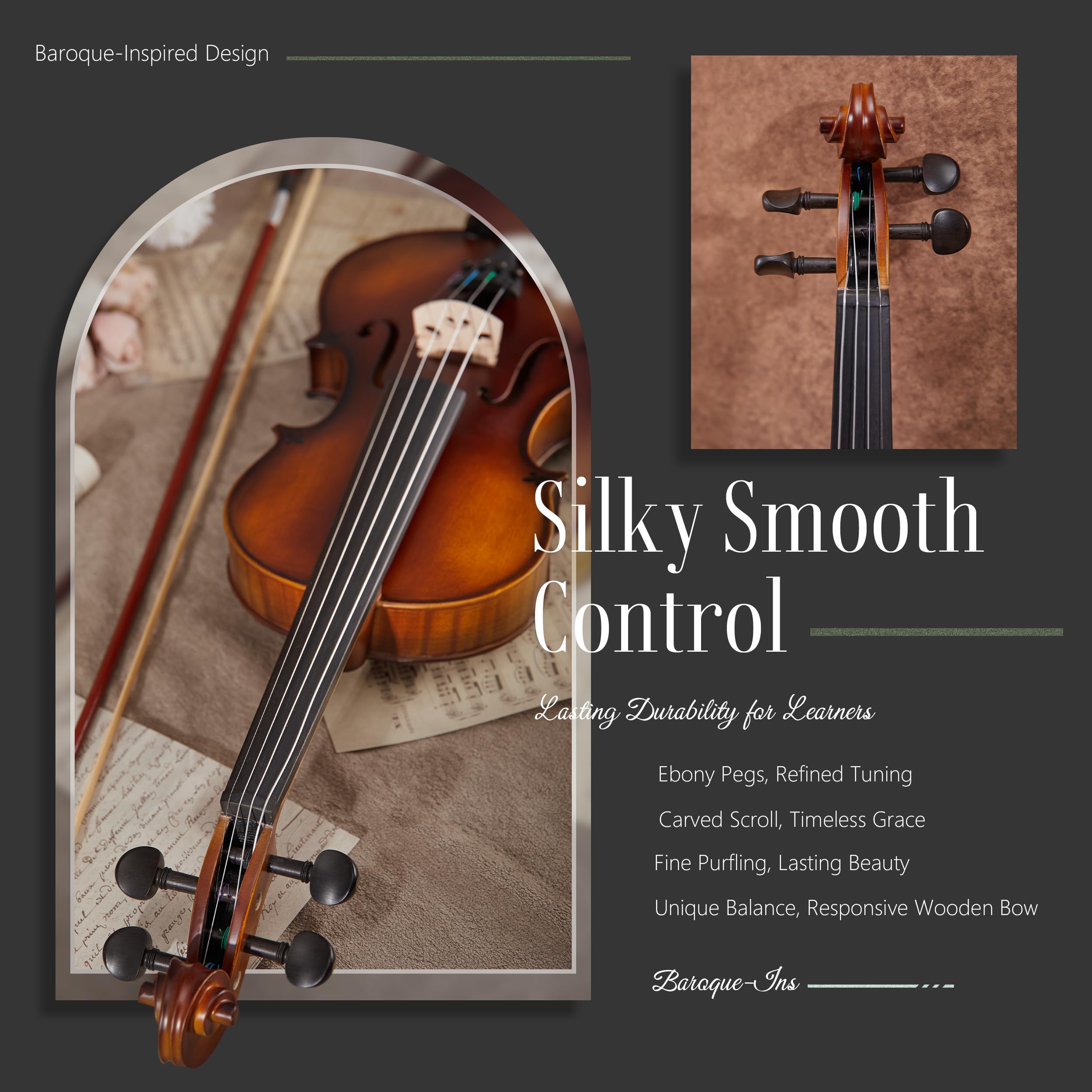 AKLOT Violino in acero fiammato artigianale: violino a grandezza naturale, kit di violino acustico avanzato con archetto in ebano, spalliera in legno massello, libro delle lezioni, custodia rigida