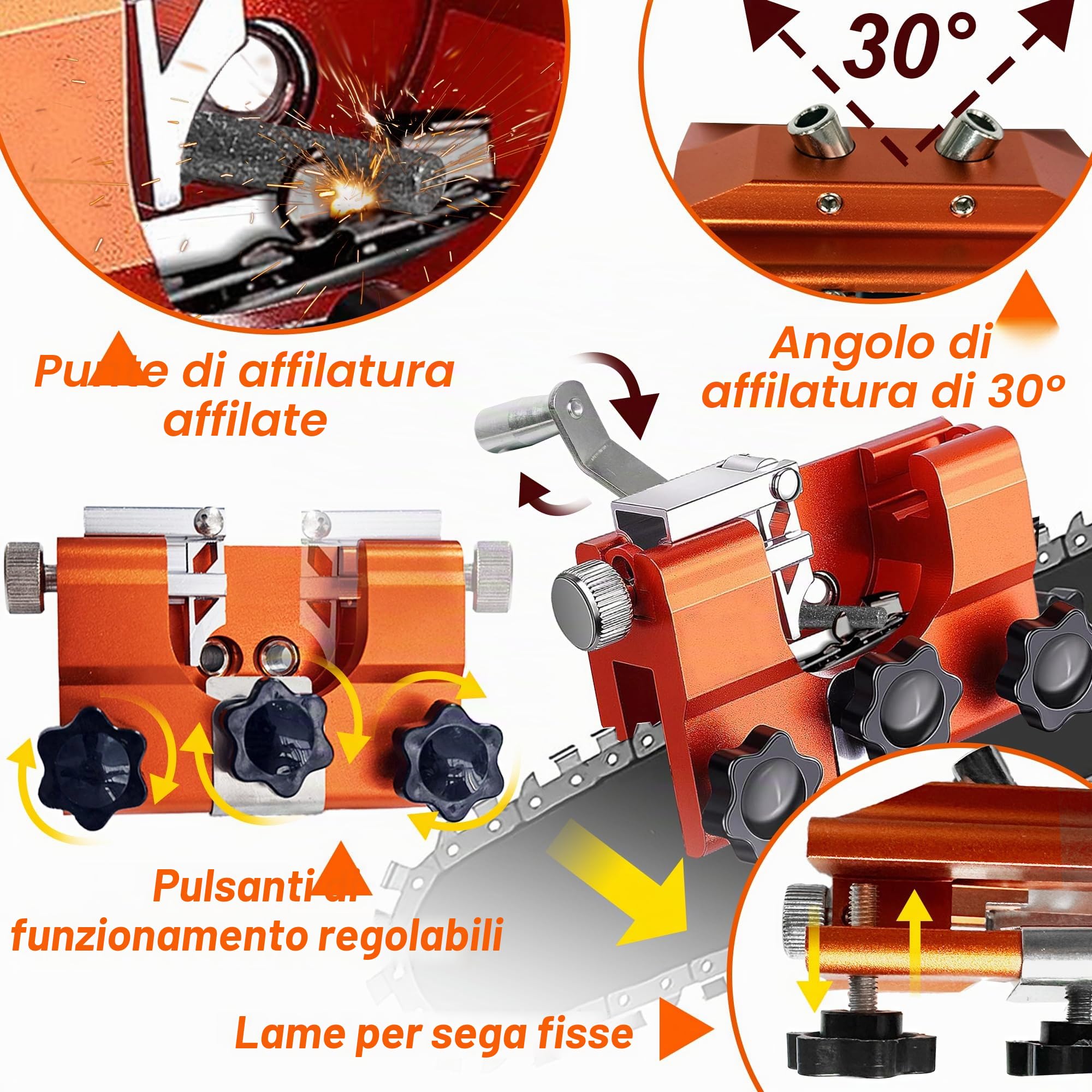 Affila Catena Motosega,Lima per Motosega,Kit Affilatura Catena Motosega con 5Pcs carburo di tungsteno,Sega a catena affilatrice strumento, 4 "-22" seghe a catena (arancione)