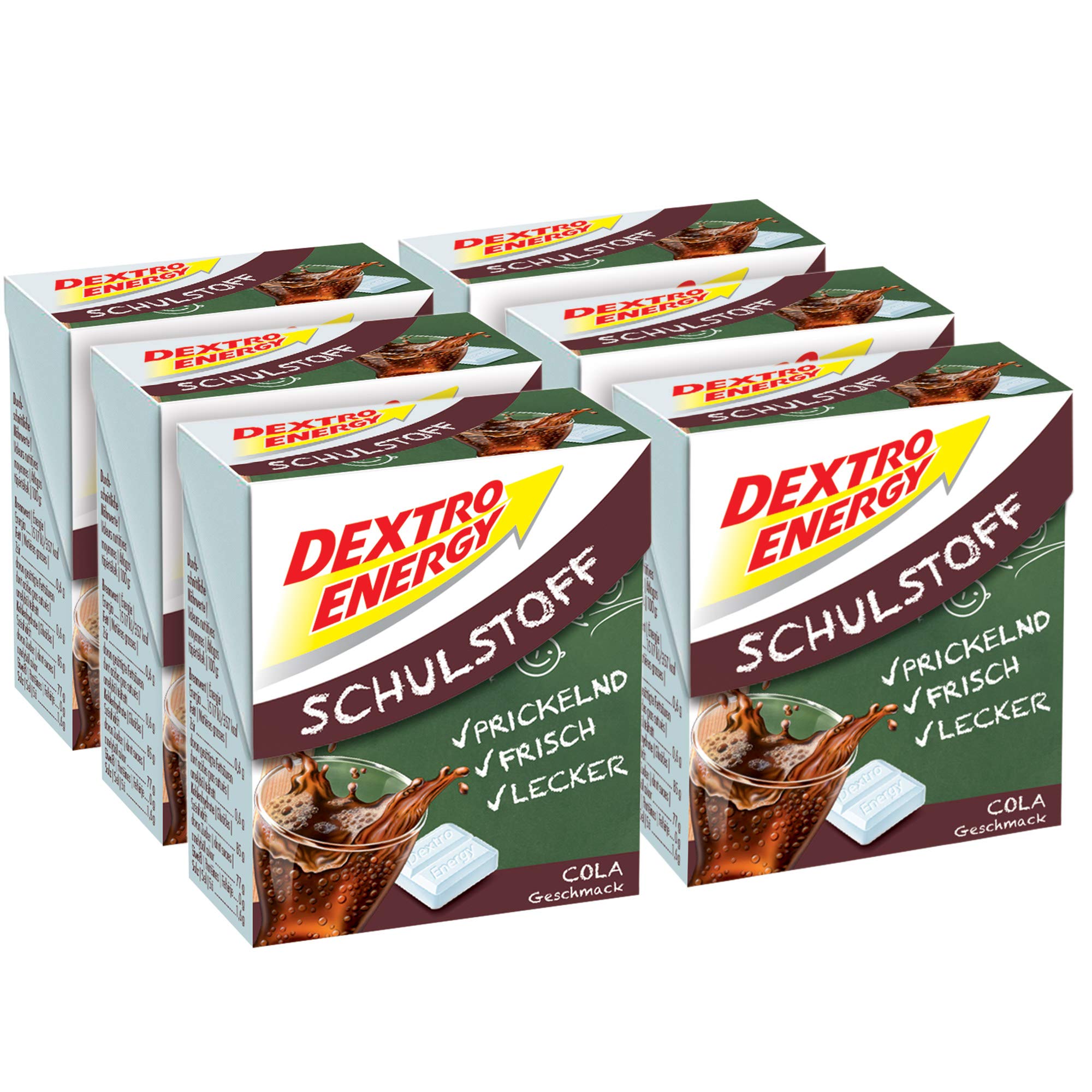 Dextro Energy Schulstoff Traubenzucker Cola Geschmack | 6 Packungen (6 x 50g) Mini Dextro in Klickbox | Idealer Cola Ersatz im Vorratspack