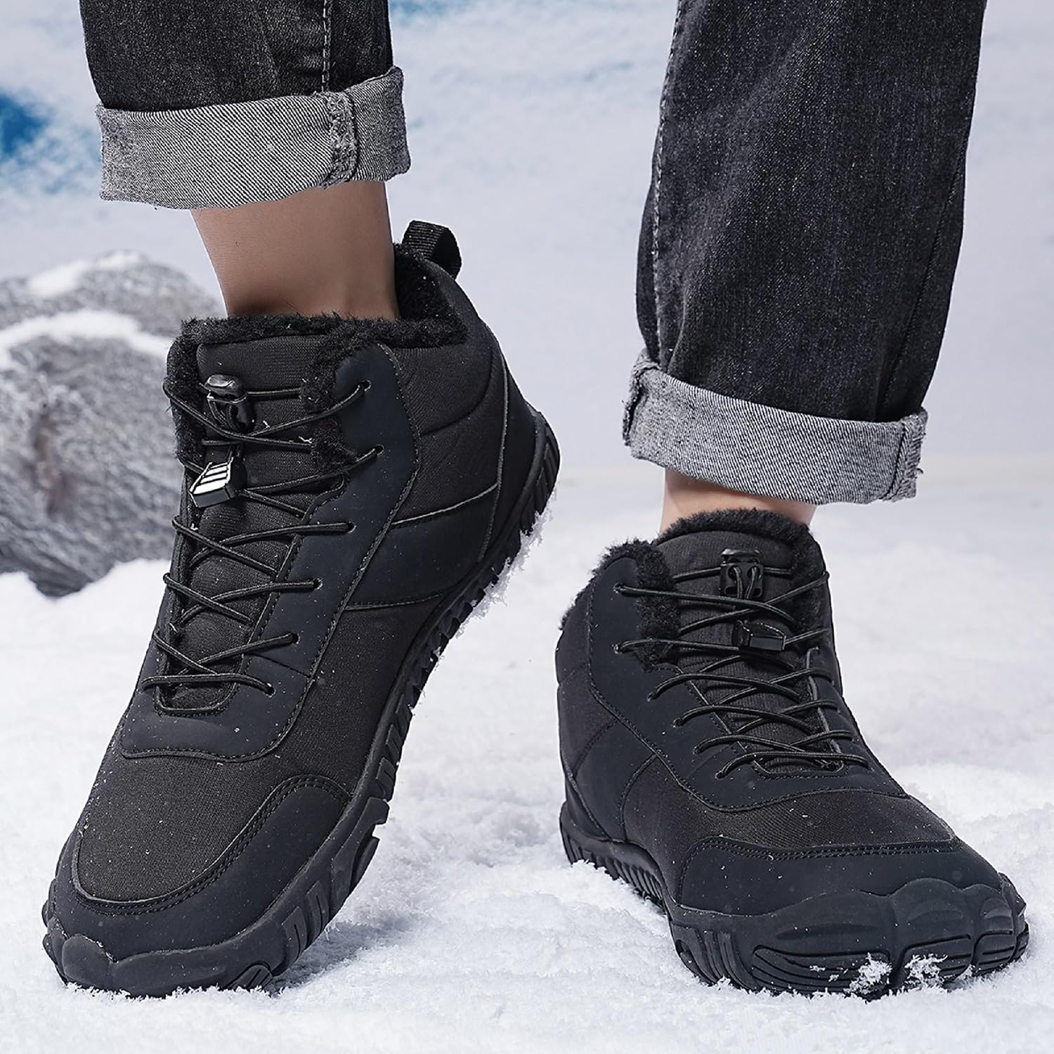 Tongzone Men's Wide Toe Box Barefoot Shoes Fur Lined Minimalist Zero Drop Sole Walking shoes Winter