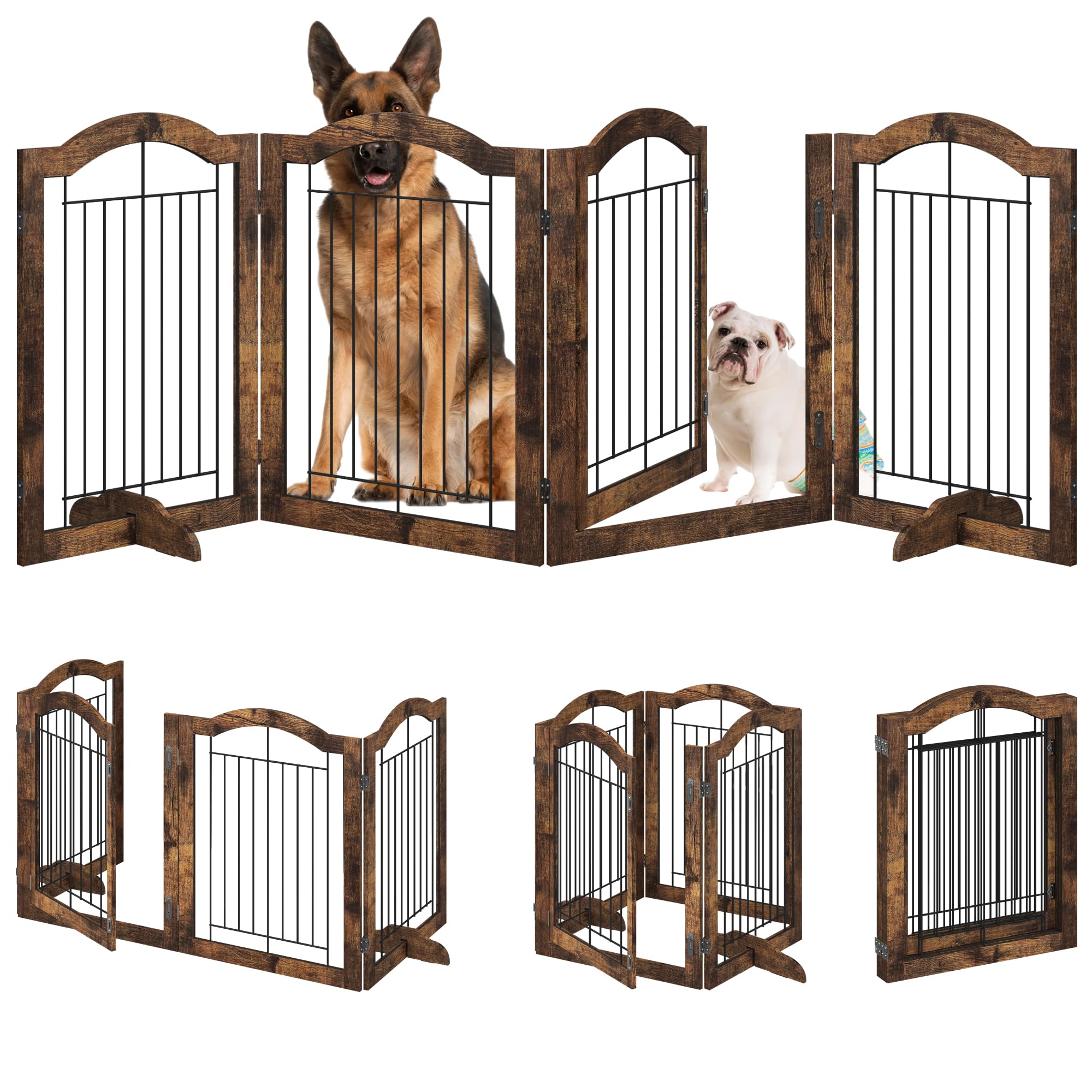 4NM No-Assembly 96" Extra Wide 30" Tall Wooden Dog Gate with Door Walk Through, Freestanding Wire Pet Gate, Accordion Puppy Gate, with 2PCS Support - Fire Brown