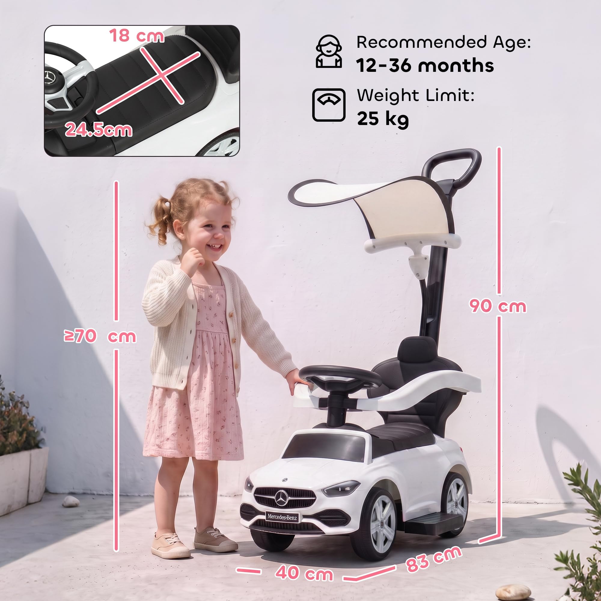 AIYAPLAY jeździk pchacz 3 w 1 Mercedes-Benz dla dzieci, z rączką do pchania, daszkiem, barierkami, klaksonem, muzyką i schowkiem, 12-36 miesięcy, biały