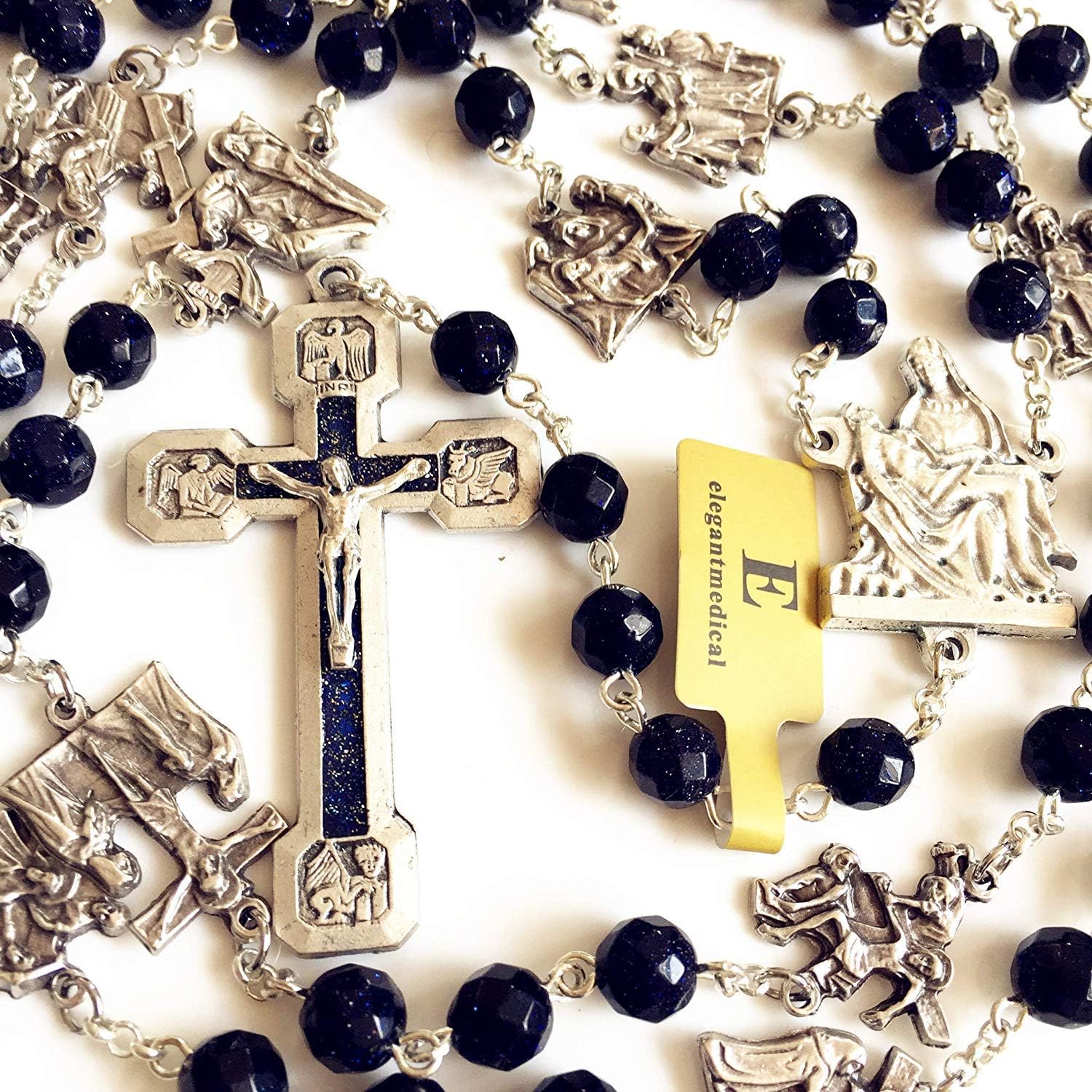 elegantmedical Stations of The Cross Prayer Rosary Blue Sandstone Beads Necklace Catholic Last Supper Rosary Box Gifts