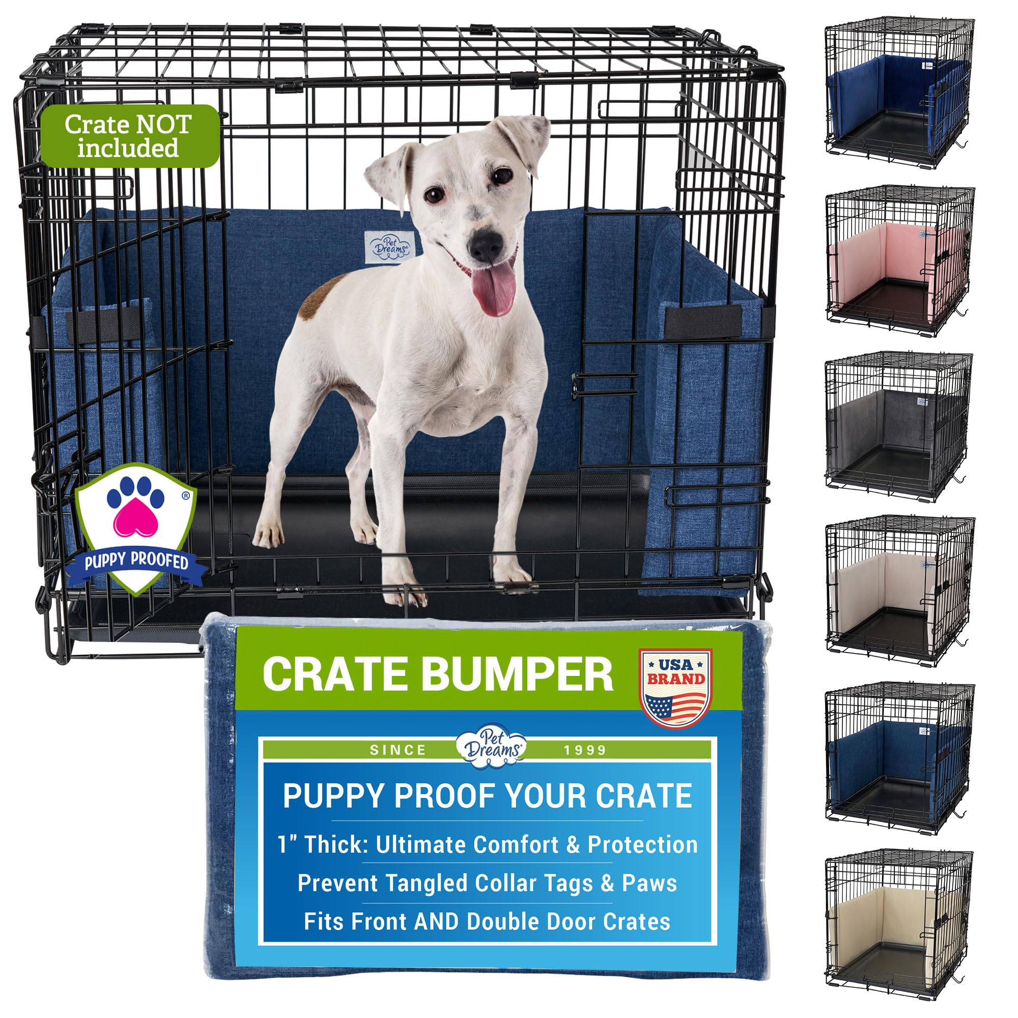 Pet Dreams Dog Crate Bumper - Patented Comfy Liner & Dog Tail Protector for Inside Crate, Fits iCrate Cages 18, 24, 30, 36, 42, 48 Inches (Denim,