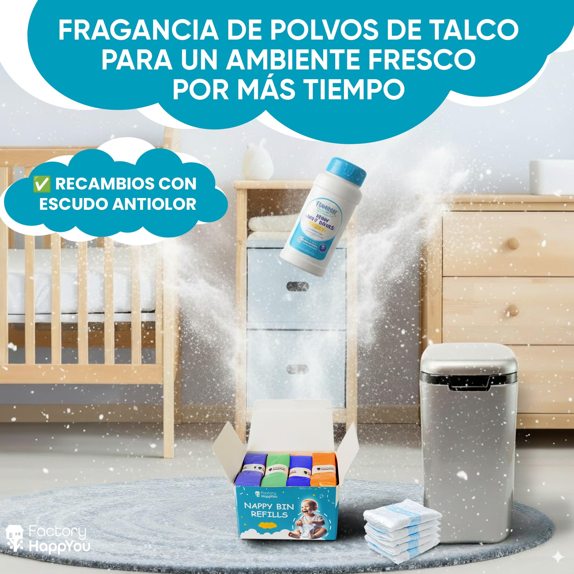 Factory HappyYou® – Pack 8 XXL Compatible con Angelcare y Tommee Tippee, entre otros muchos. Recambio -para Papelera Pañales Bebe - Contenedor Pañales – Escudo Antilolor – 7,5 metros por recambio