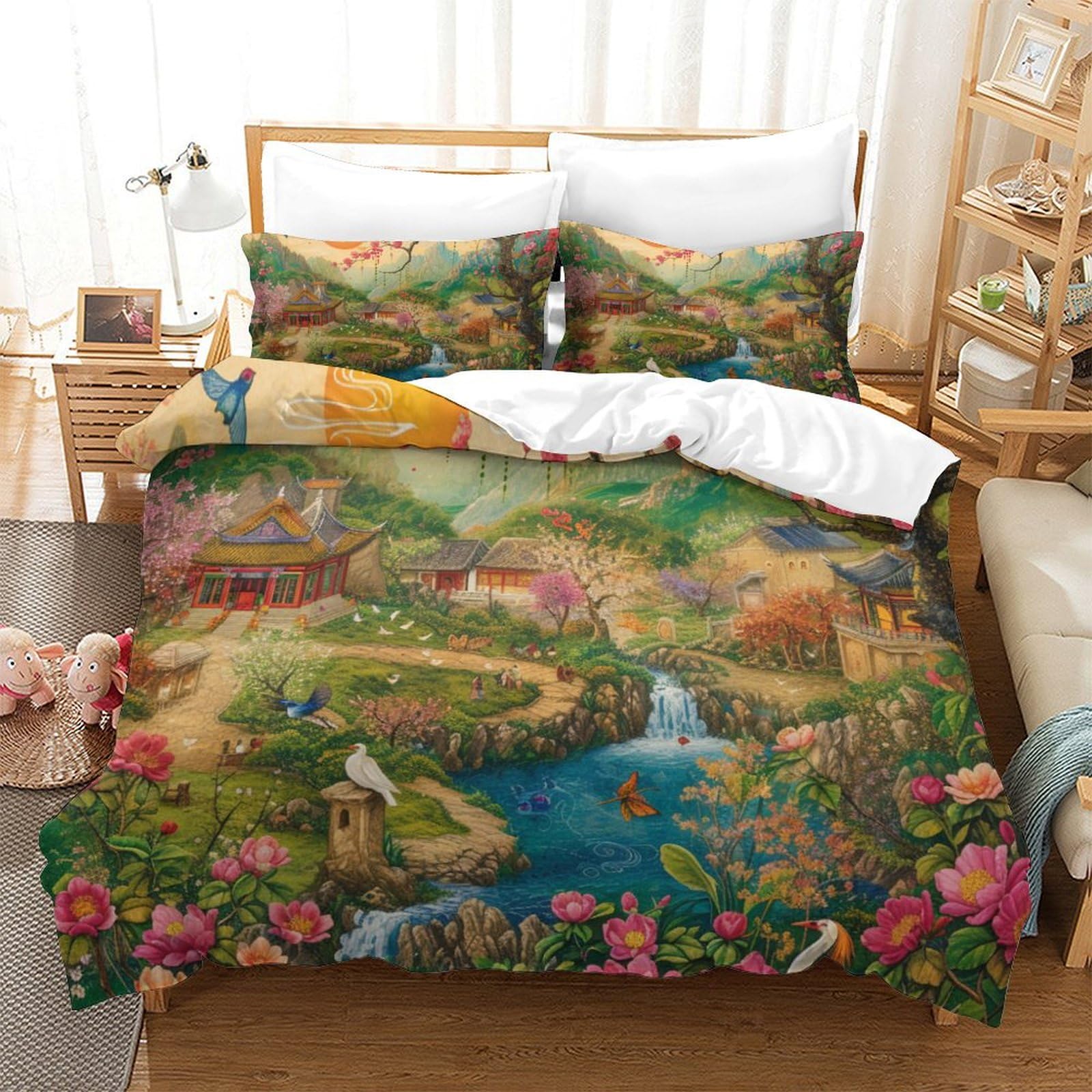 Housse de couette oiseaux 3D 260x220 parure de lit microfibre avec taies d'oreiller