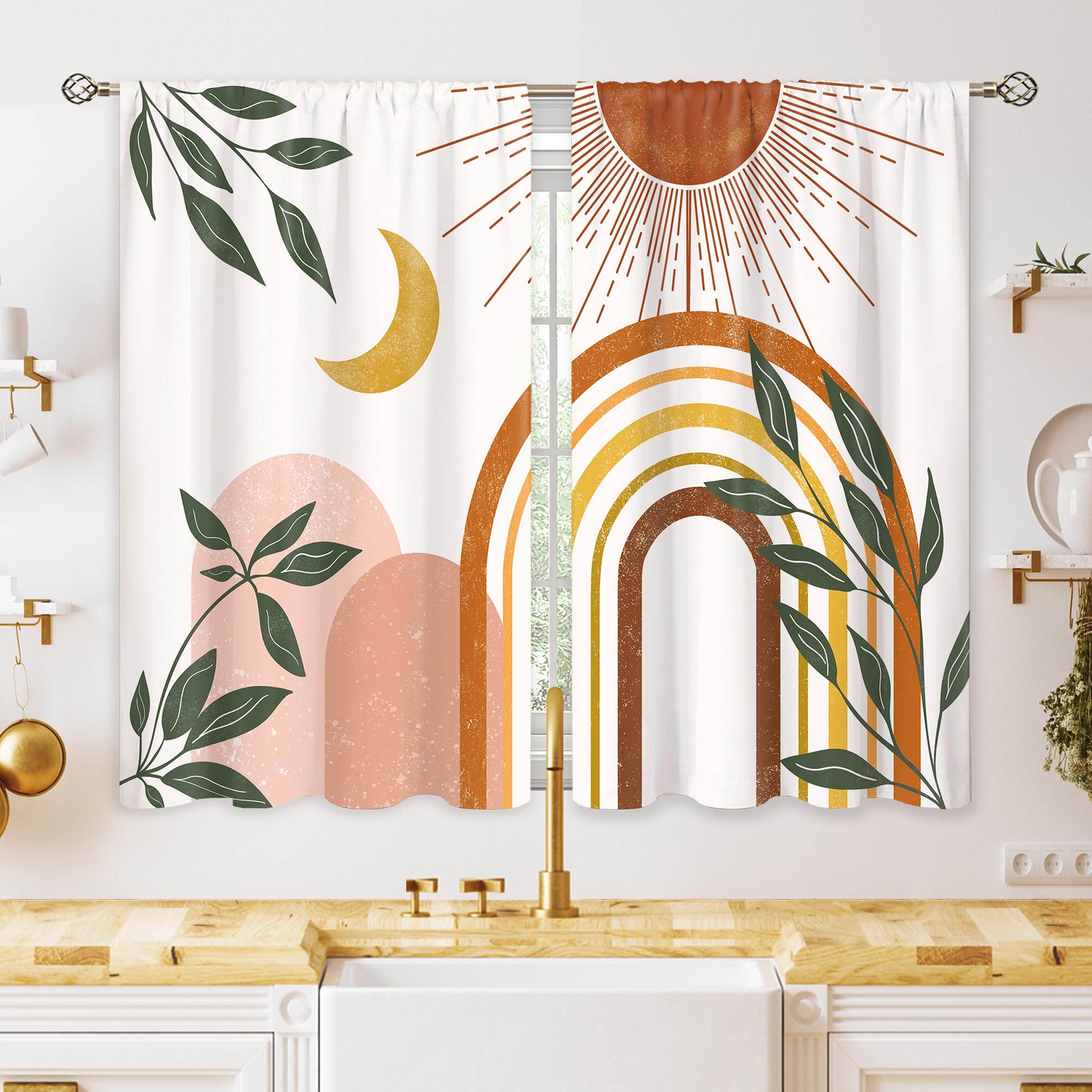 oolygoo Mid Century Abstract Boho Small Kitchen Curtains Leaf Sun Minimalist Window Treatment Modern Cafe Short Window Curtains for Bathroom Dining