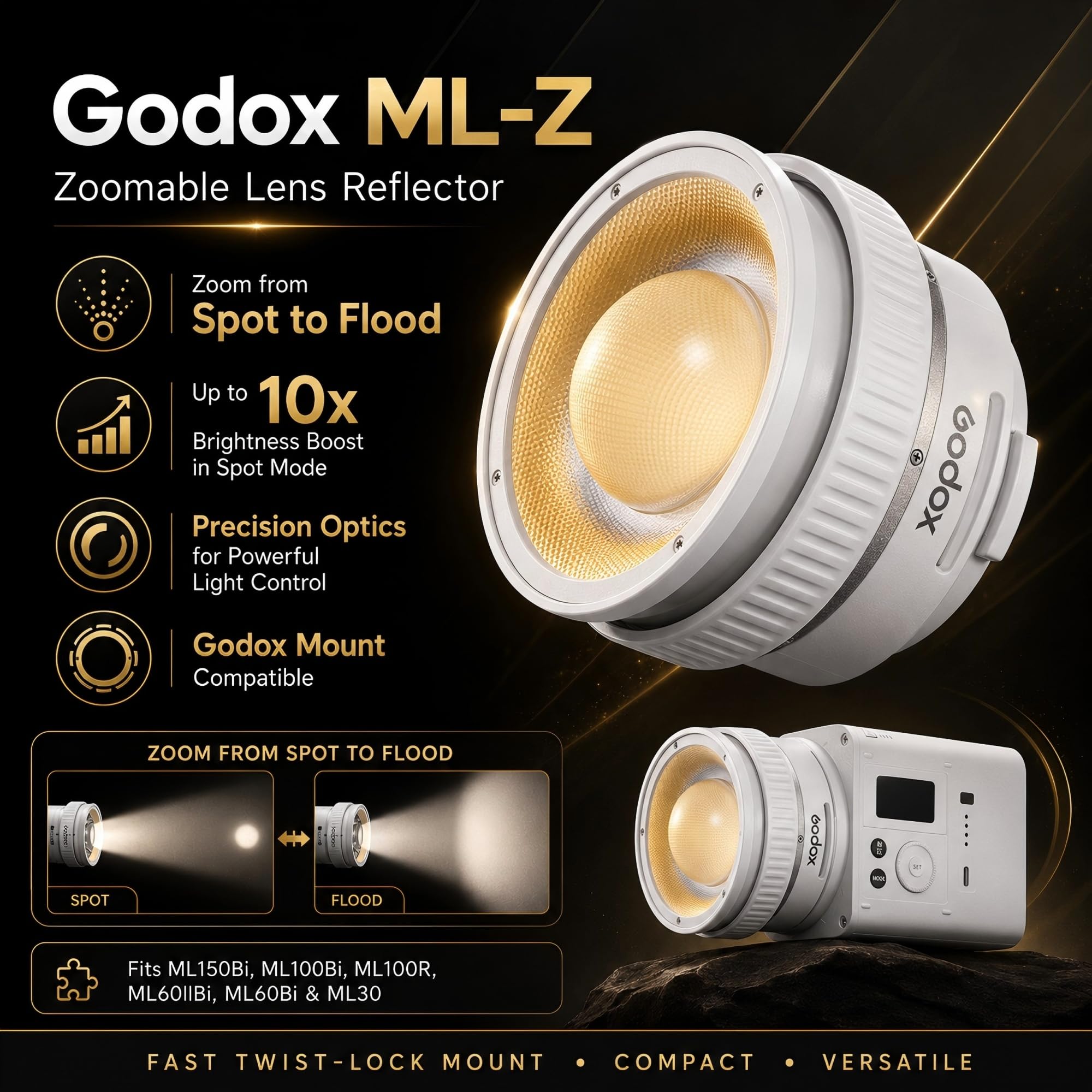 Godox ML150Bi Bi-Color Lampa Wideo LED, Jasność 61054Lux/1m, 2800K-6500K, CRI96+ TLCI96+, Mocowanie Godox, Sterowanie Aplikacją i NFC, Kompaktowe Ciągłe Oświetlenie do Studia i Pleneru (Bez Baterii)