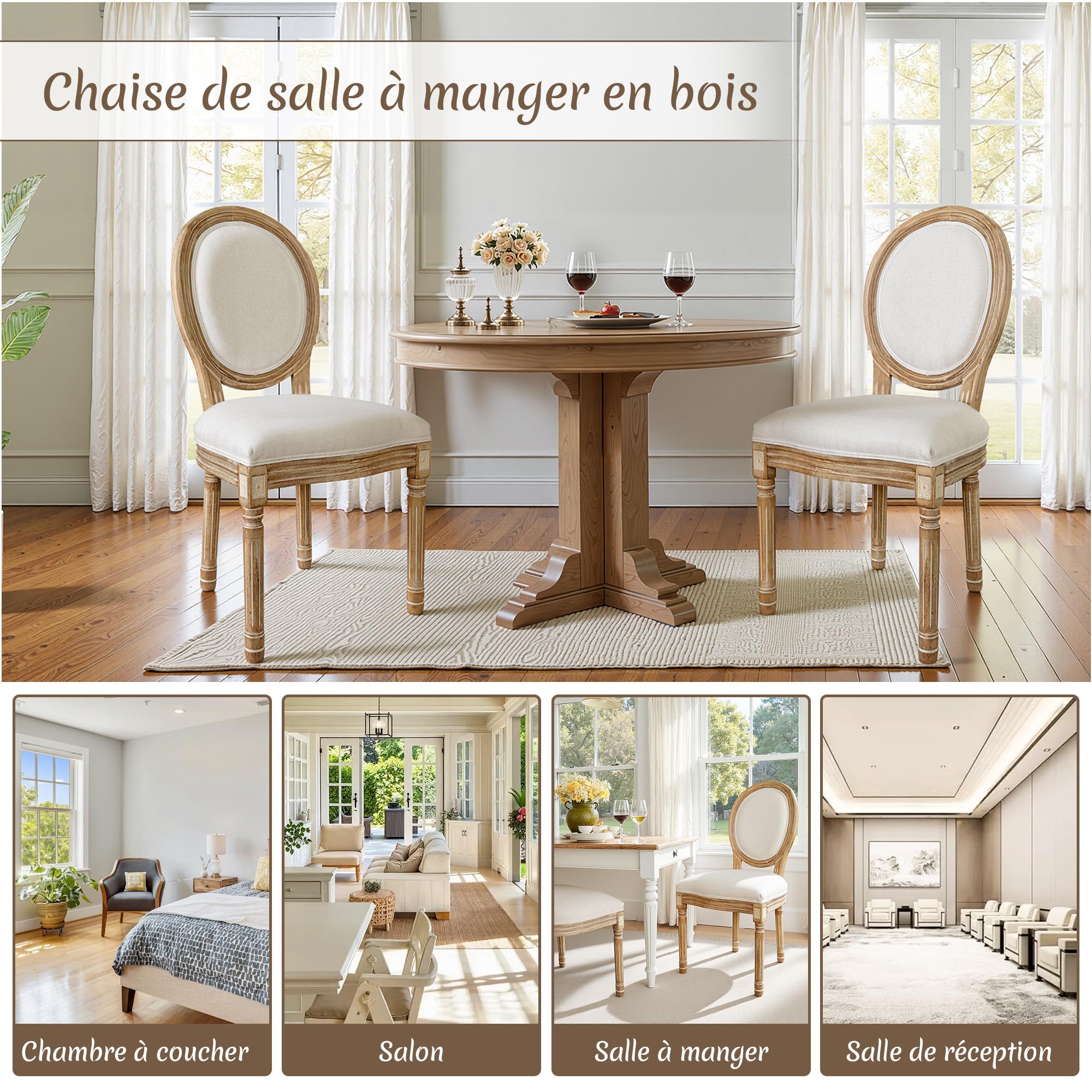 BonVache Lot de 2 chaises de Salle à Manger rétro, chaises de Cuisine avec Dossier Ovale Classique, Assise rembourrée en Tissu Aspect Lin, Chaise pour Salle à Manger, Bureau, Salon, Blanc Craie