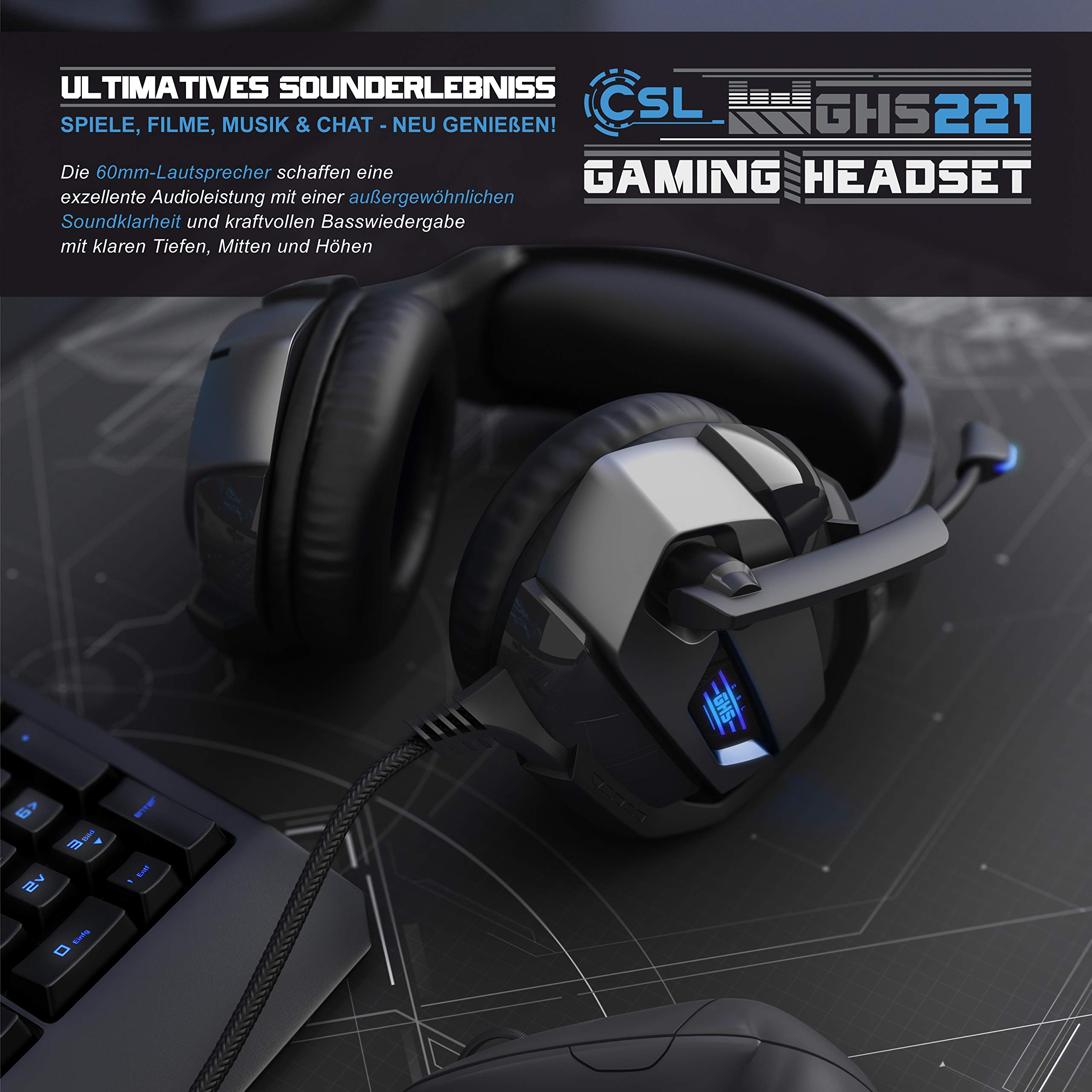 CSL - PS4 PS5 Headset - Gaming Headset Klinke mit Mikrofon - Klinkenanschluss - LED Beleuchtung - Gaming Kopfhörer für PC PS4 PS4 Pro PS5 Xbox One Xbox One S