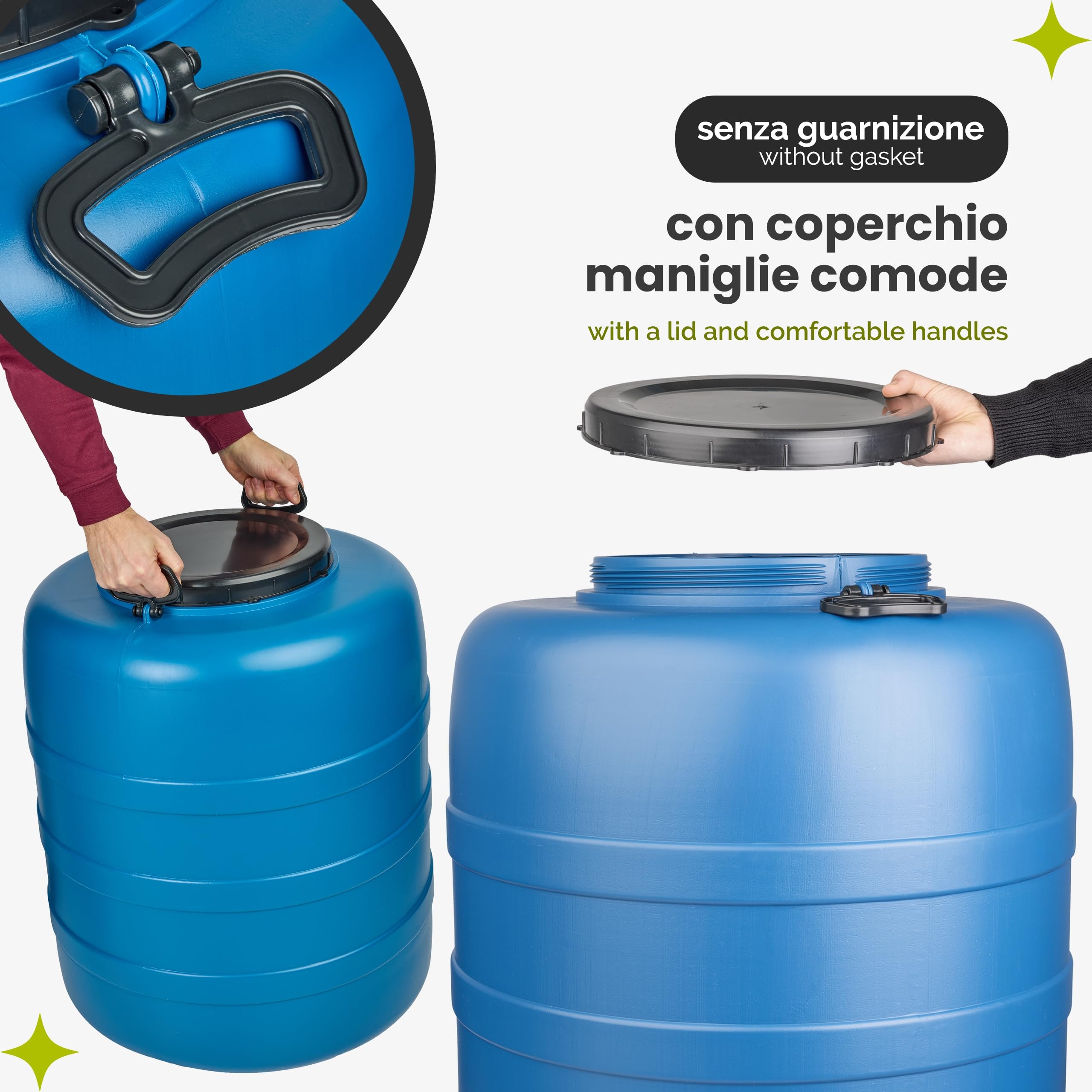 Garronda Bidone in Plastica 160 L e rubinetto HDPE con Coperchio Serbatoio Acqua per Raccolta Piovana Contenitore Alimentare per Stoccaggio e Fermentazione Grande Apertura GD-0186 Blu