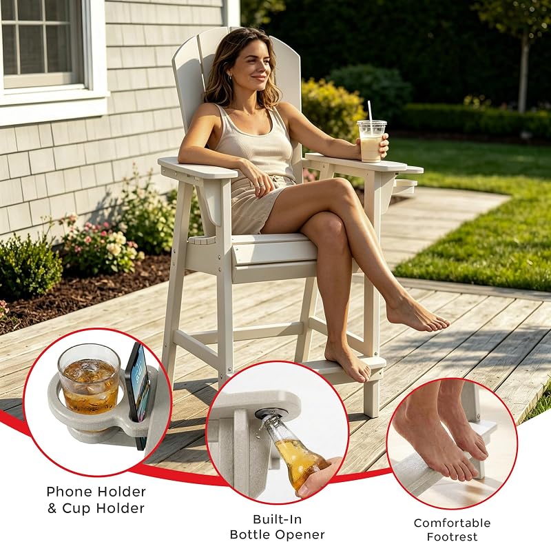 Costaelm Paradise Outdoor HDPE High Back Adirondack Counter Height Bar Chair with Cup Holder, Sand image 5