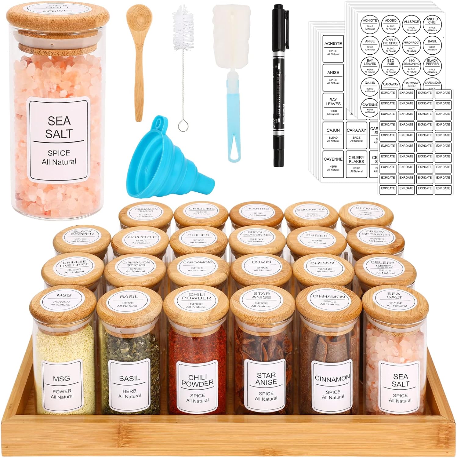 24 Spice Jars with Labels, 5oz Spice Jars with Bamboo Lid, spice